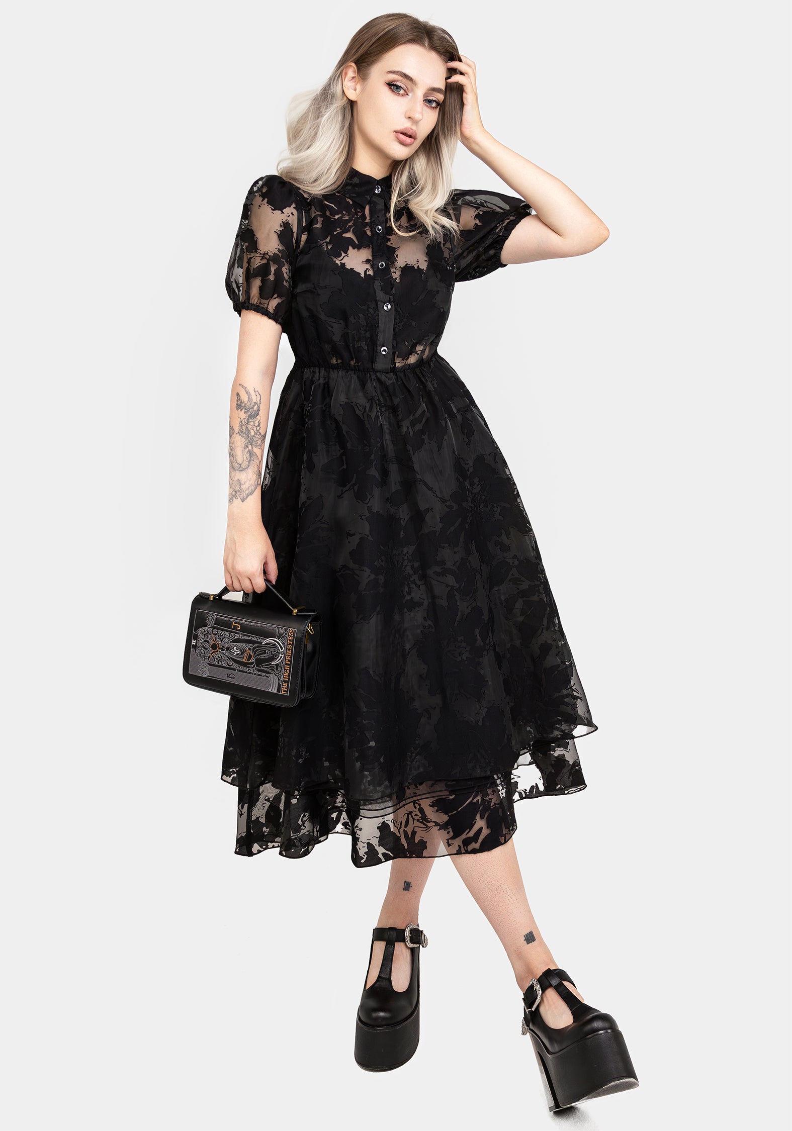 Black Floral Devore Midi Shirt Dress with Layered Skirt | Spectre