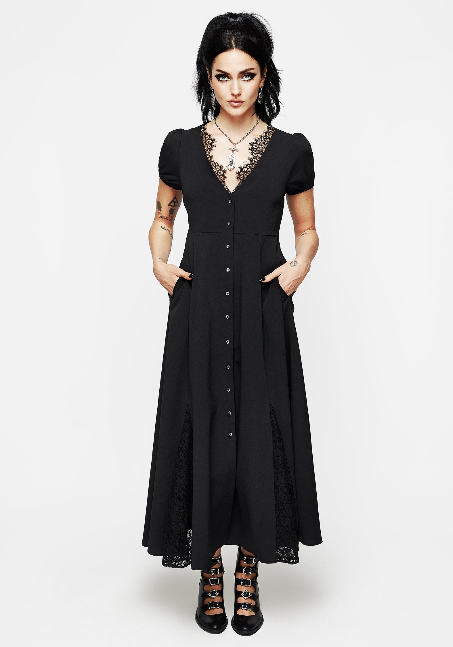 Floral Lace Button-Up Dress with Puff Sleeves | Taissa