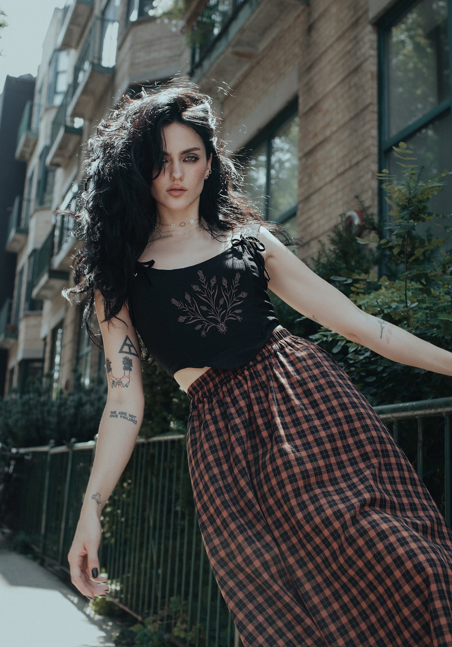 Black Embroidered Corset Crop Top with Lace-Up Back | Cybele
