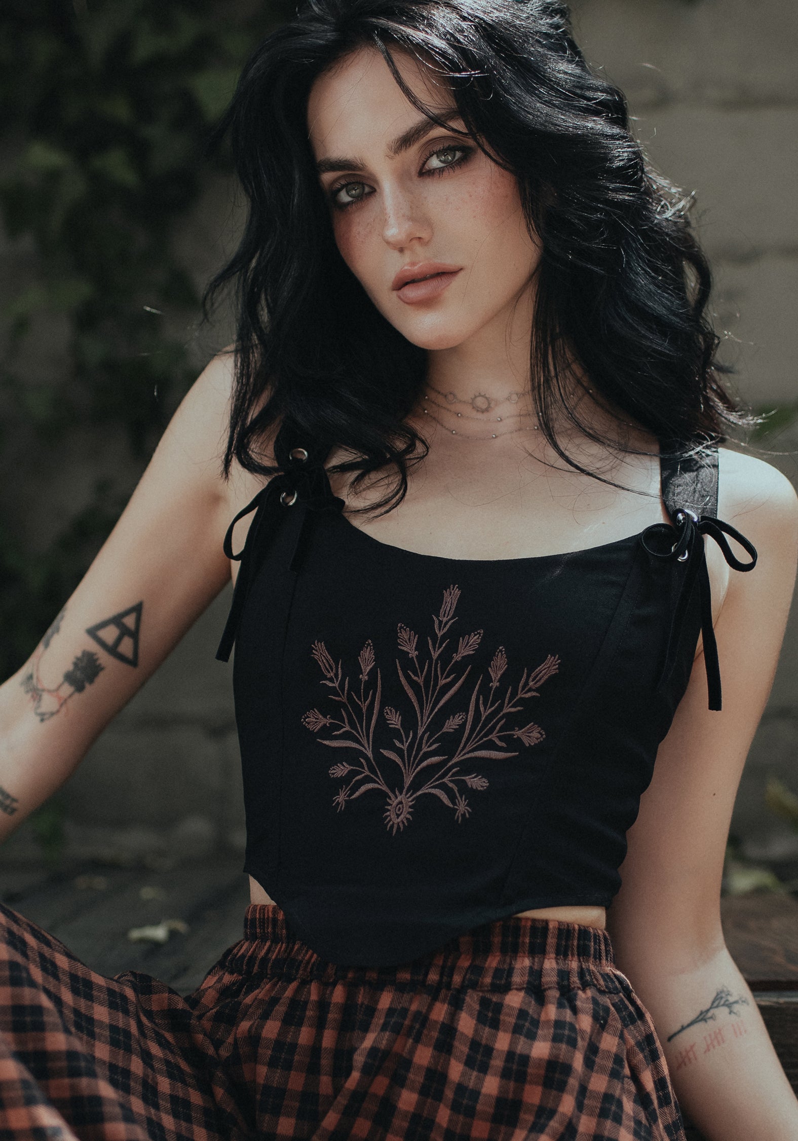 Black Embroidered Corset Crop Top with Lace-Up Back | Cybele