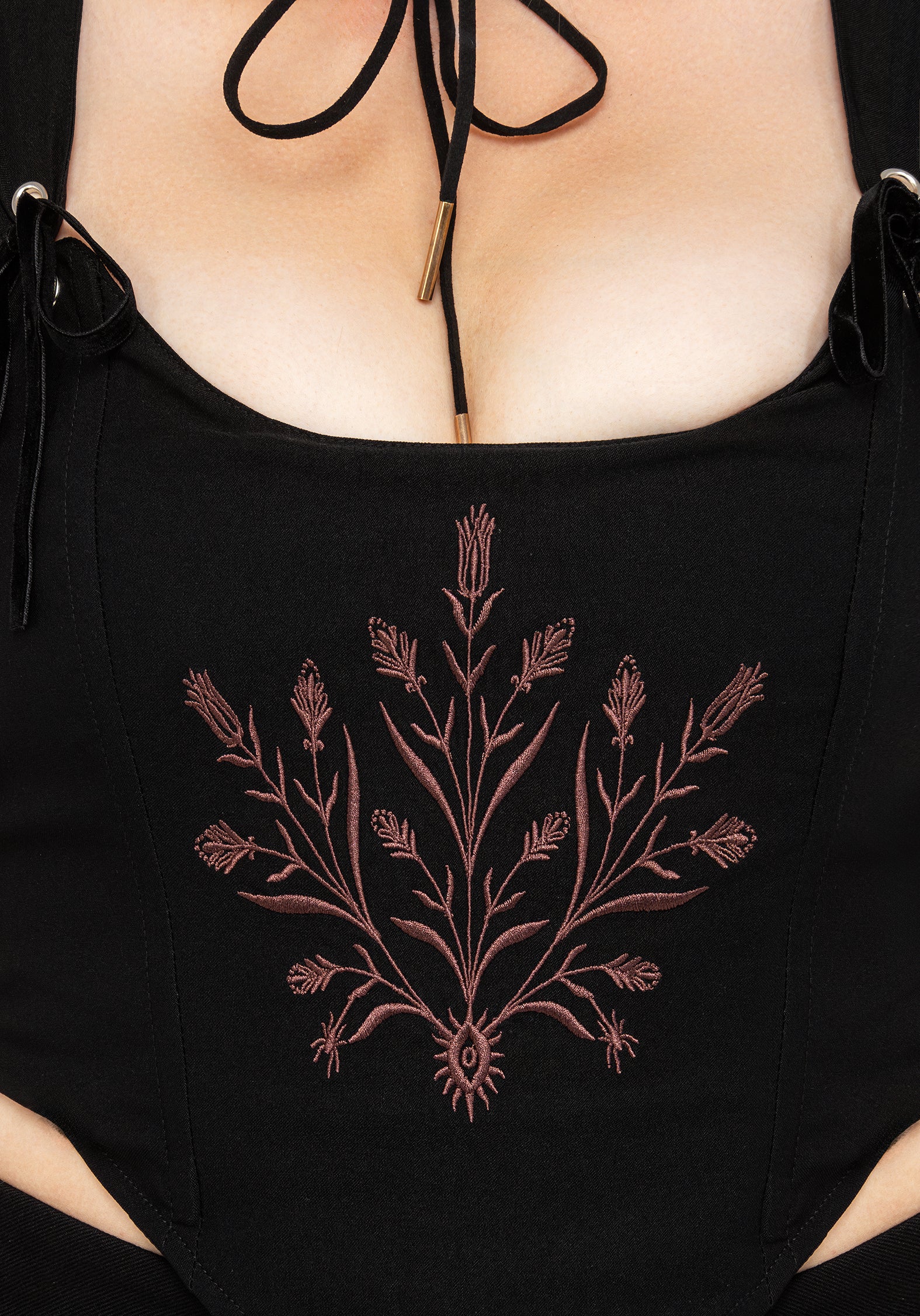 Black Embroidered Corset Crop Top with Lace-Up Back | Cybele