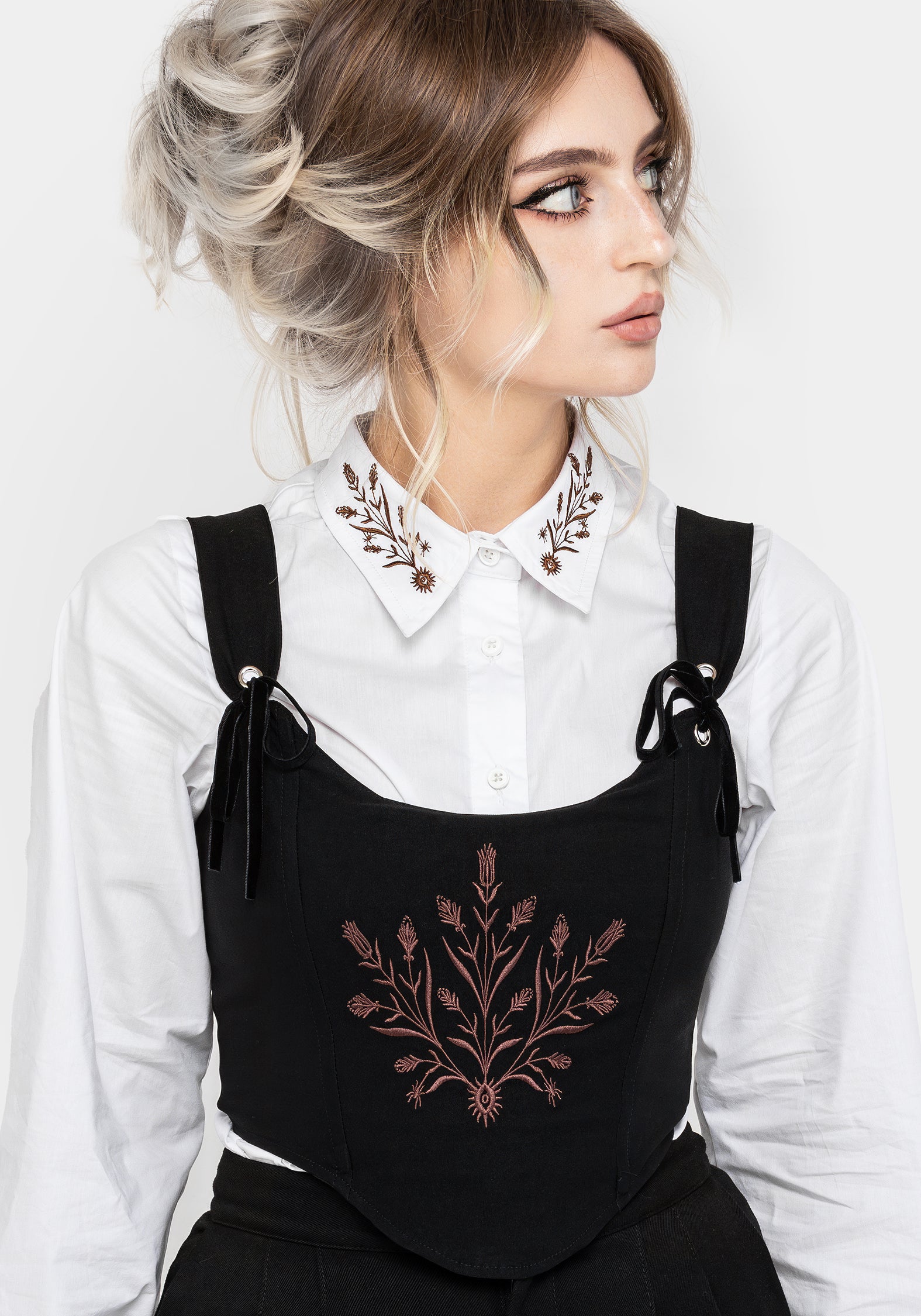 Black Embroidered Corset Crop Top with Lace-Up Back | Cybele