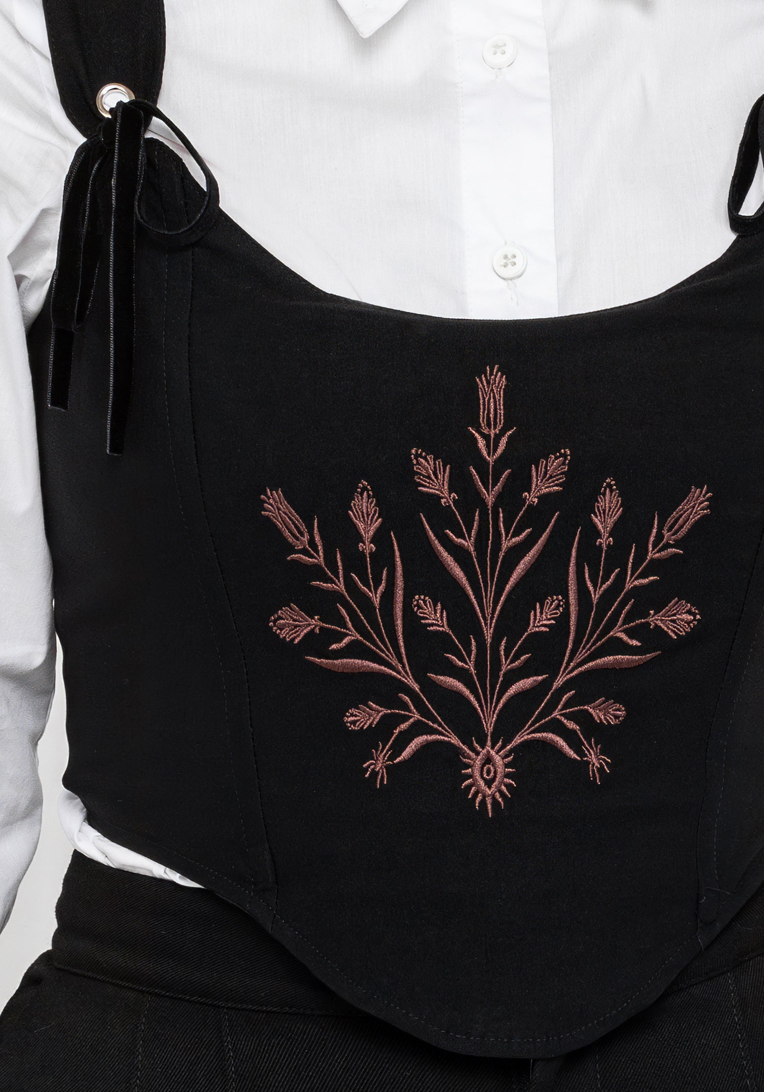 Black Embroidered Corset Crop Top with Lace-Up Back | Cybele