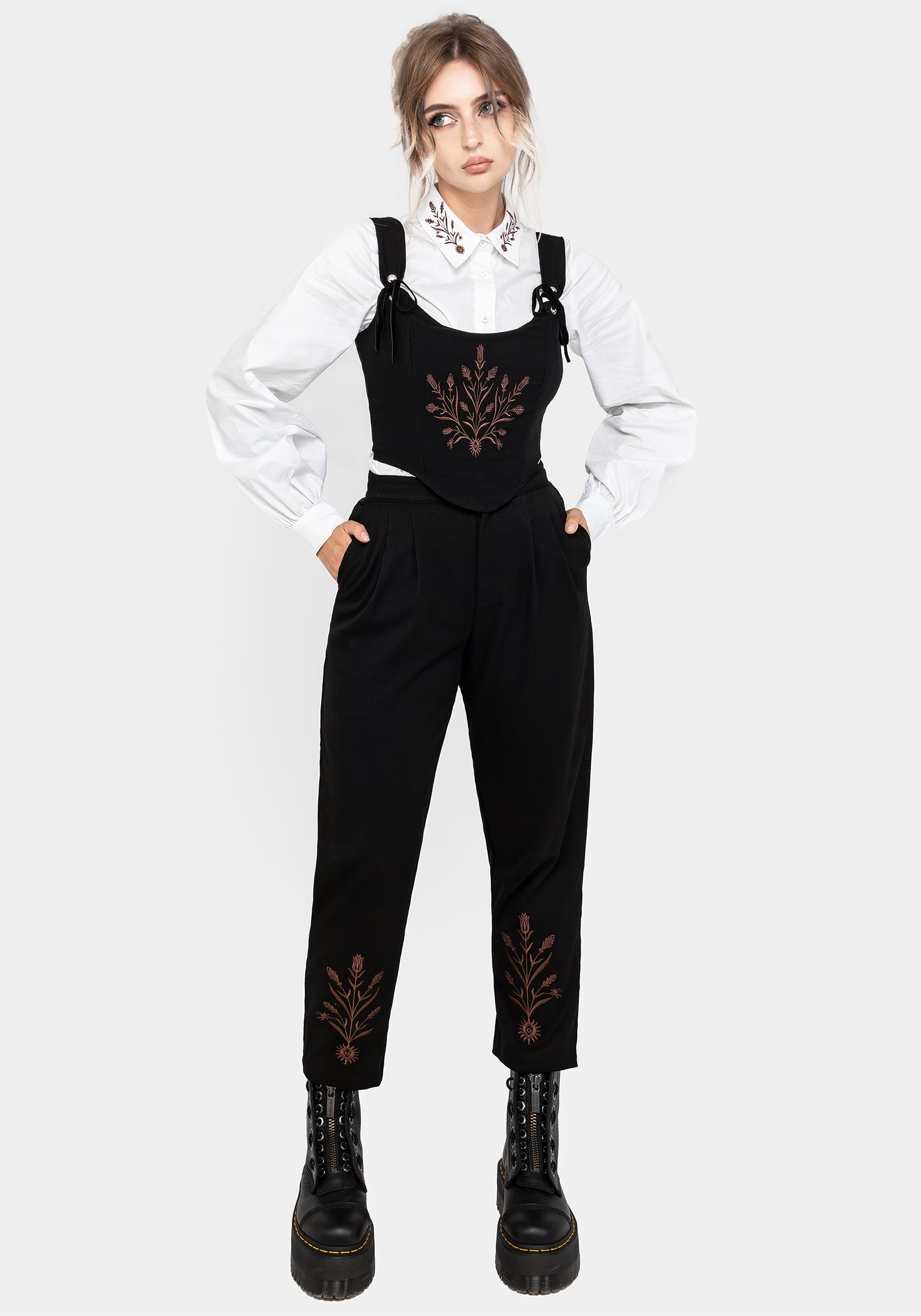 Black Embroidered Corset Crop Top with Lace-Up Back | Cybele