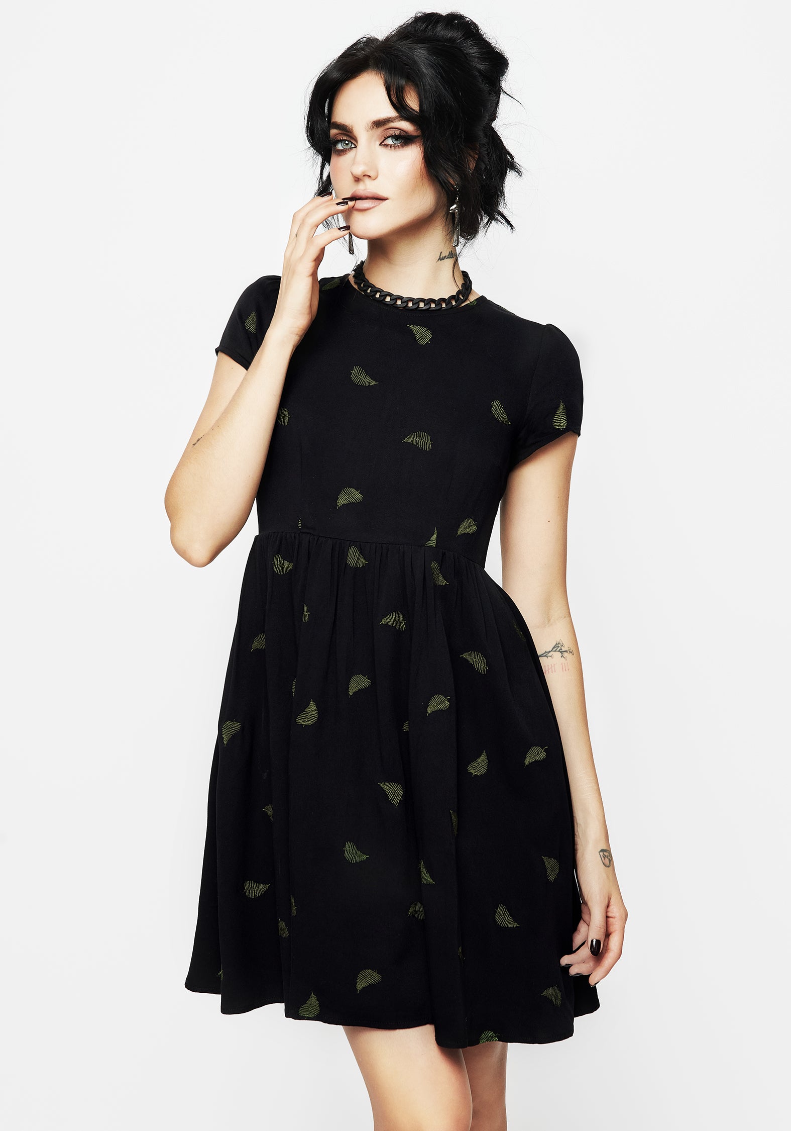 Black Fern Embroidered Mini Skater Dress - Eco-Viscose & Flowy Fit