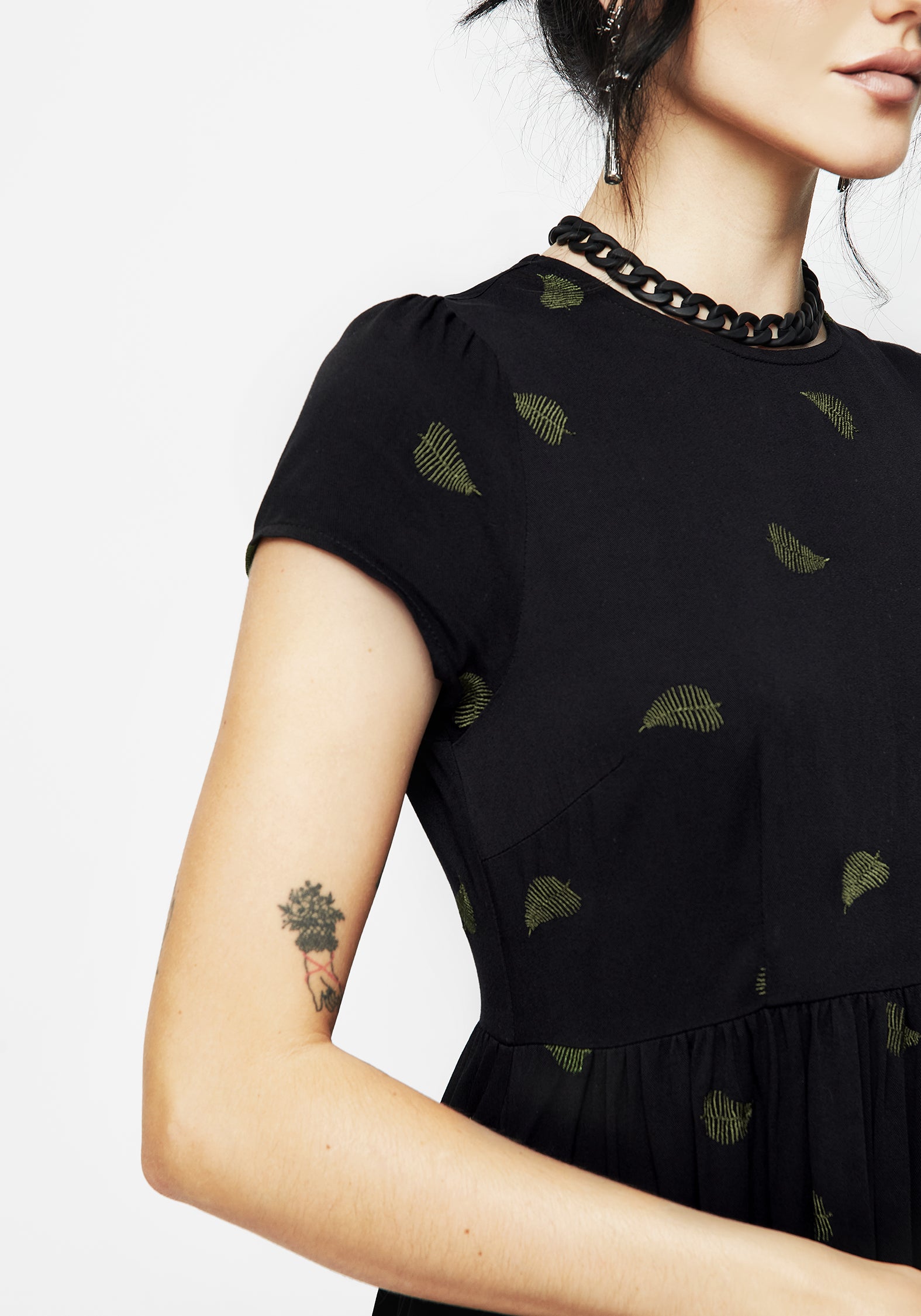 Black Fern Embroidered Mini Skater Dress - Eco-Viscose & Flowy Fit