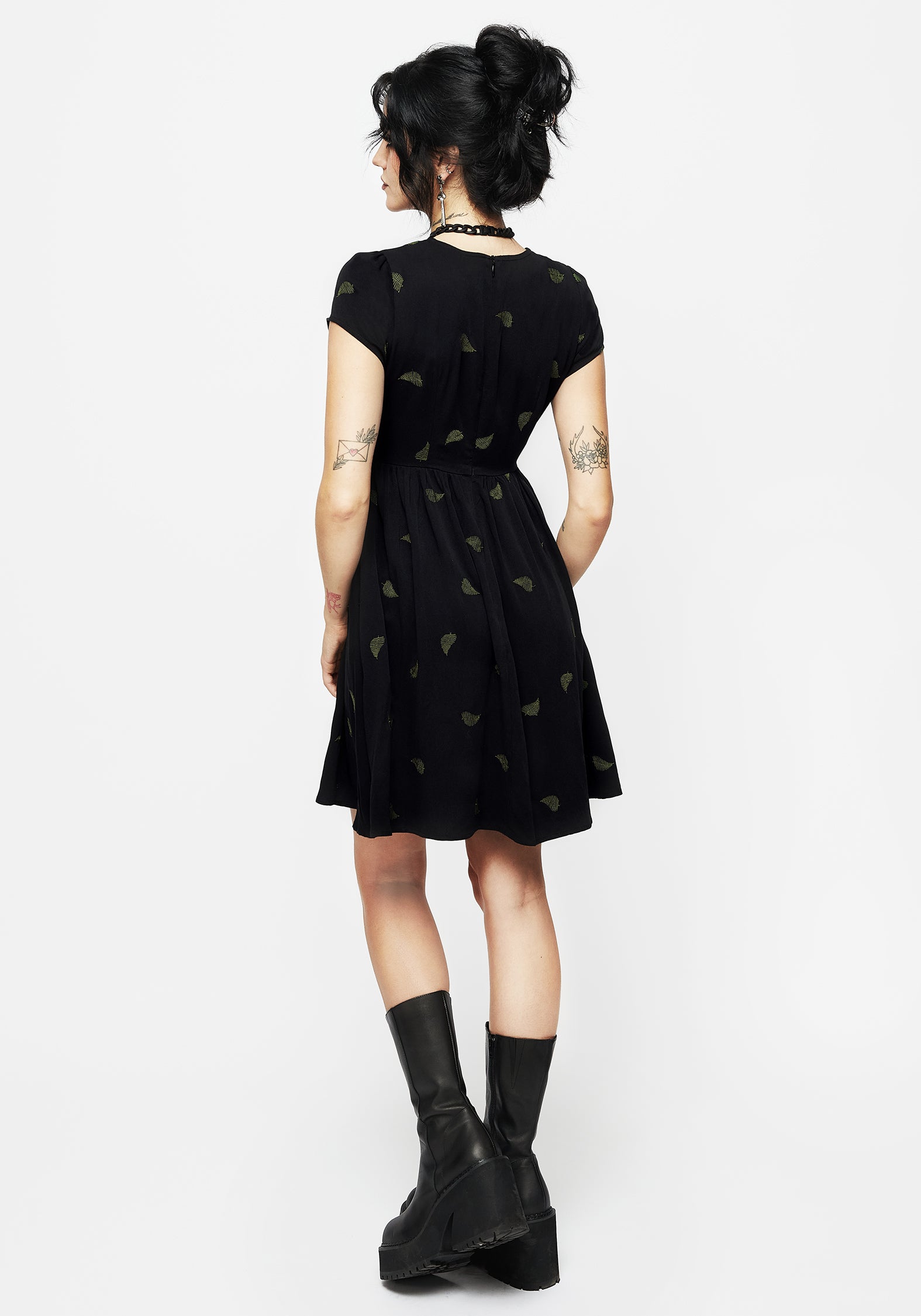 Black Fern Embroidered Mini Skater Dress - Eco-Viscose & Flowy Fit