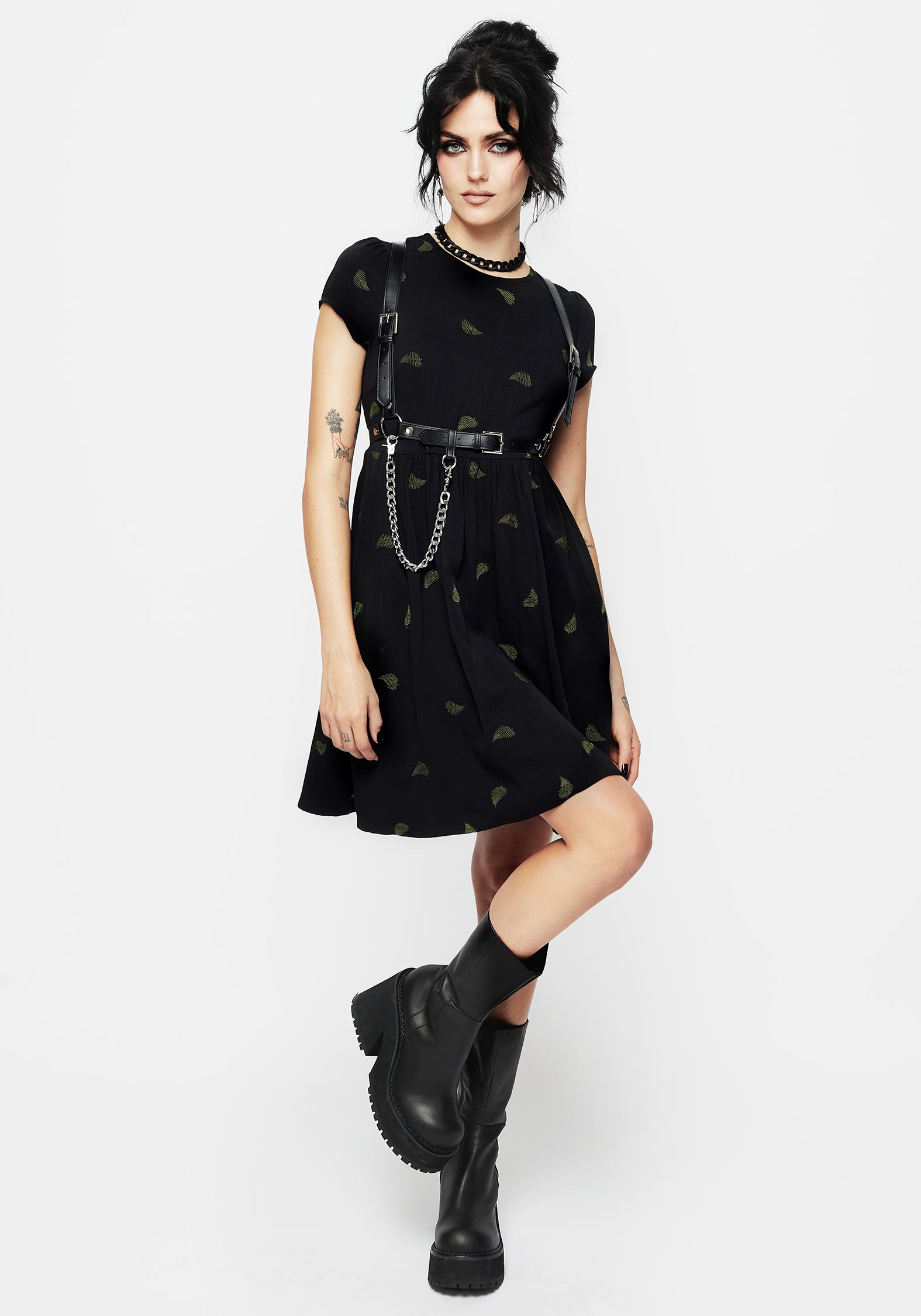 Black Fern Embroidered Mini Skater Dress - Eco-Viscose & Flowy Fit