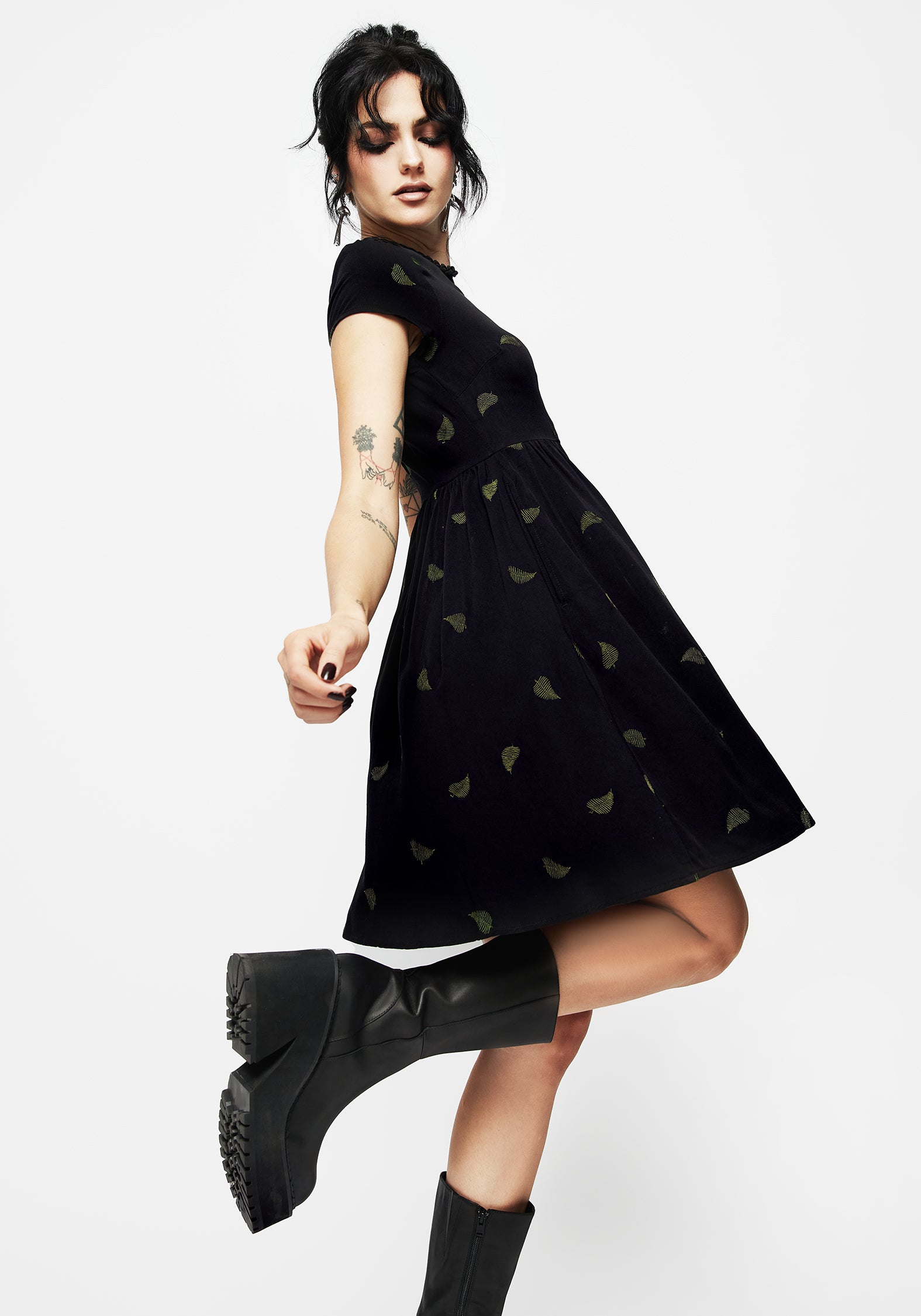 Black Fern Embroidered Mini Skater Dress - Eco-Viscose & Flowy Fit