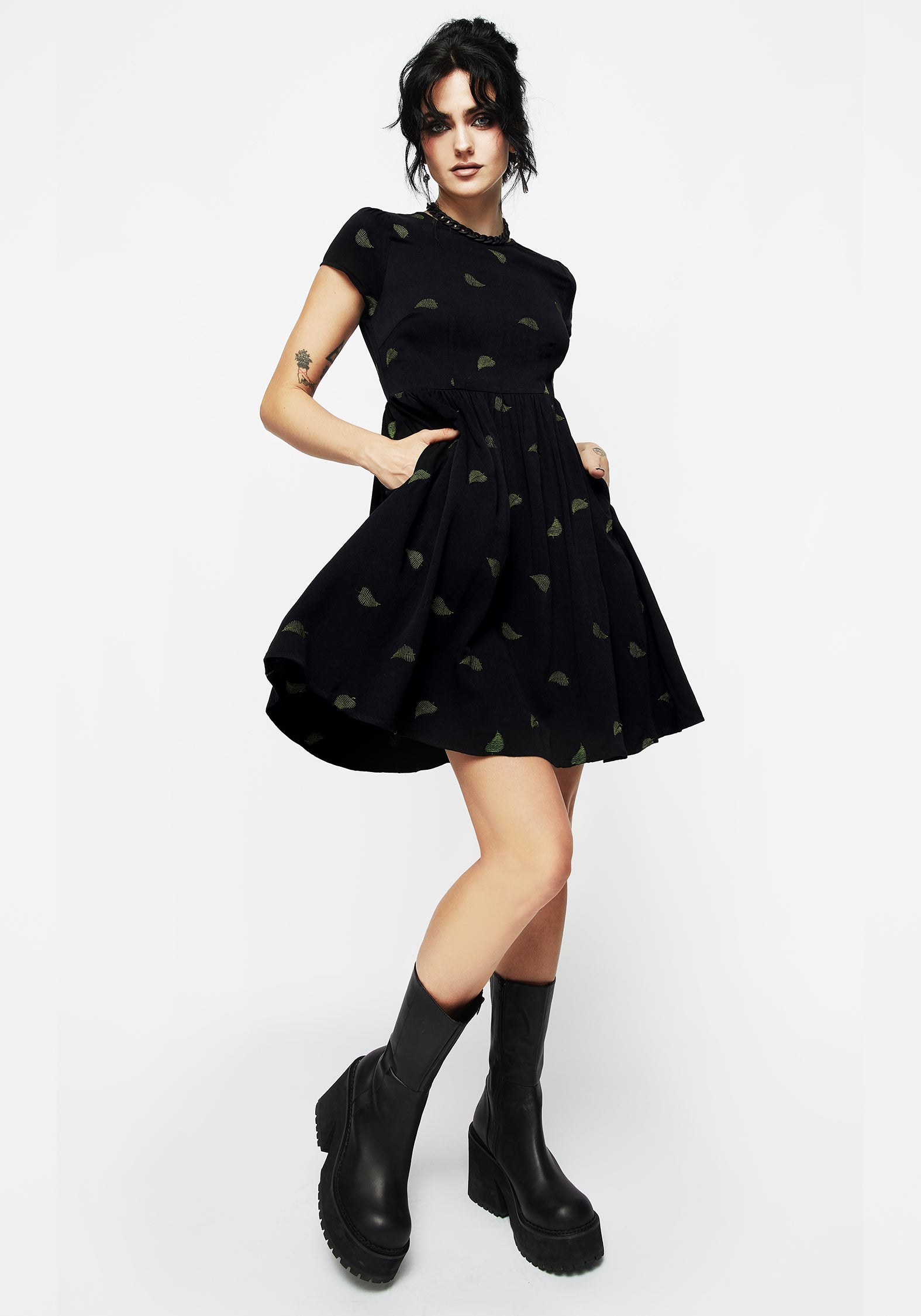 Black Fern Embroidered Mini Skater Dress - Eco-Viscose & Flowy Fit