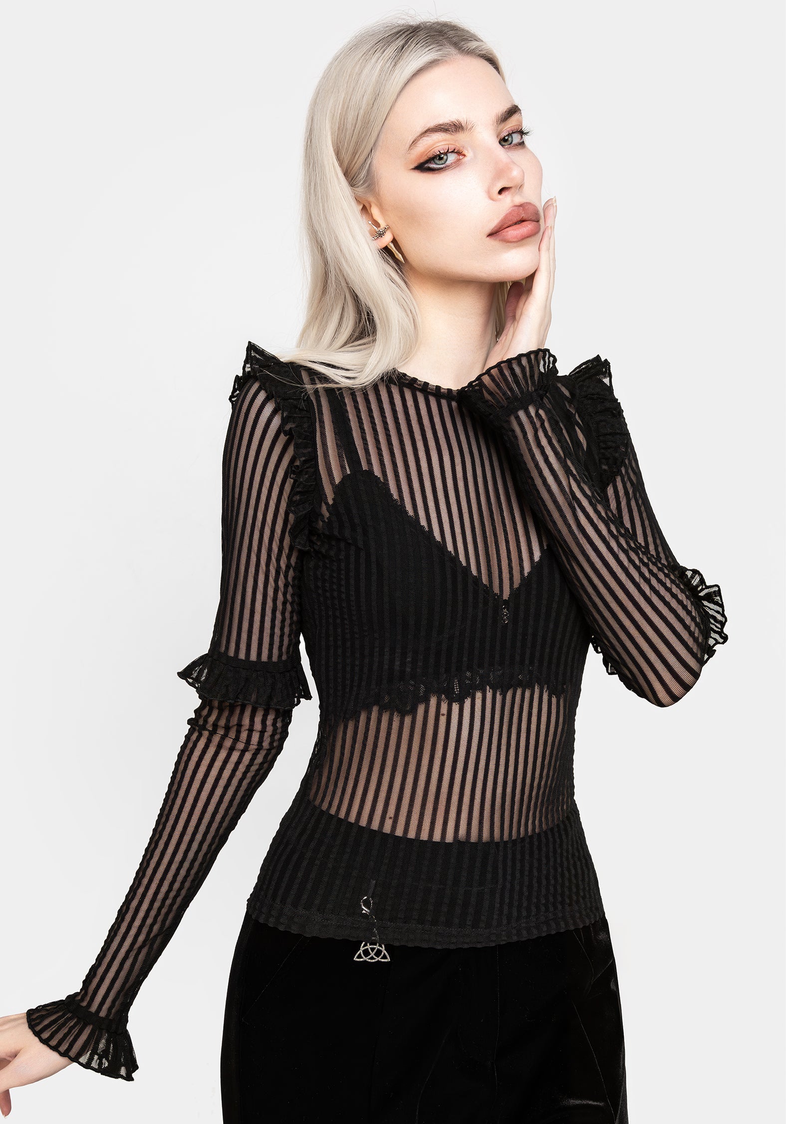 Black Mesh Ruffle Top with Seersucker Stripes | Gothic Victoriana Style