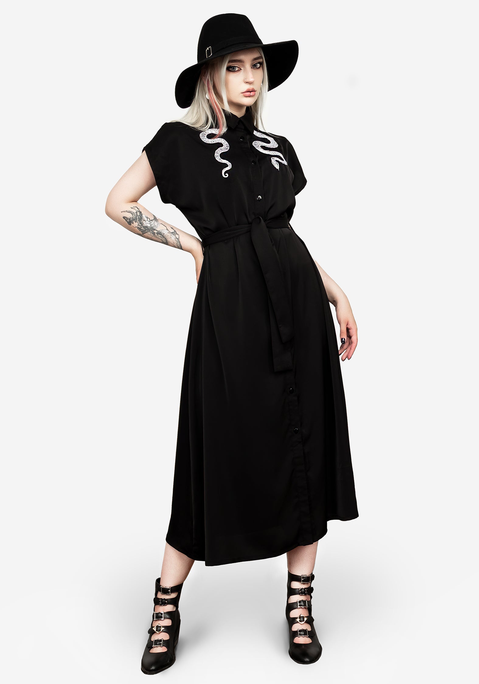 Black Collared Button Up Midi Dress with Snake Embroidery | Slither Relaxed