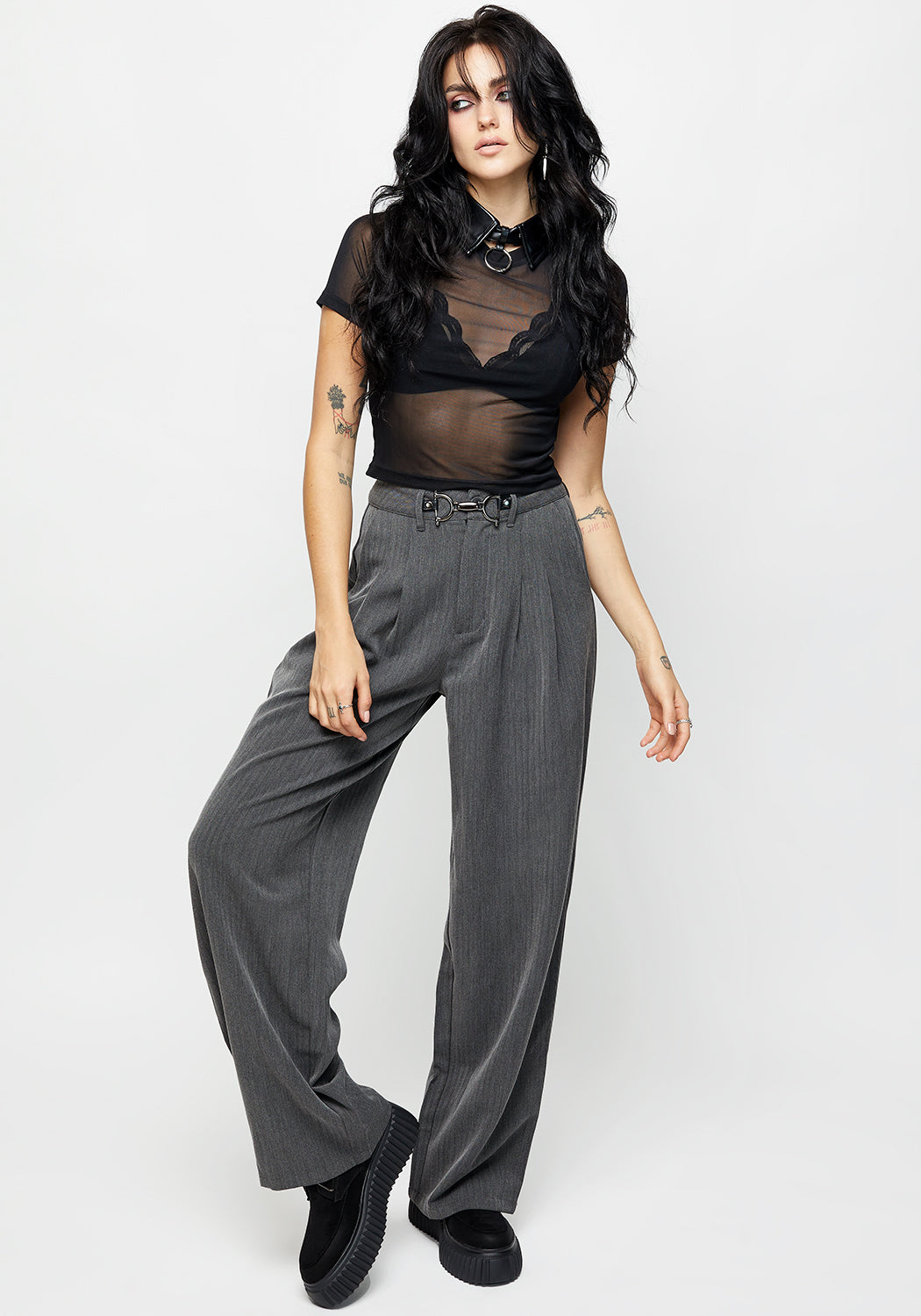 Herringbone Trousers for Women with Hardware Details | Office Goth Casual