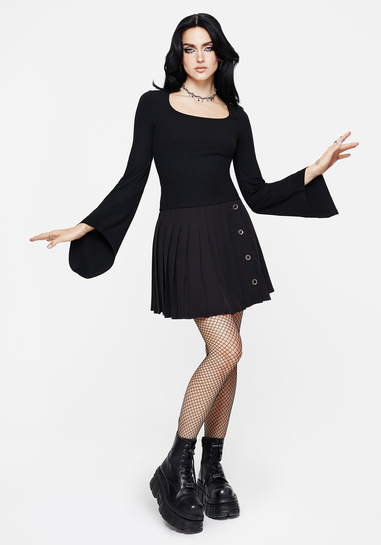 Square Neck Long Sleeve Top with Flared Sleeves | Amata