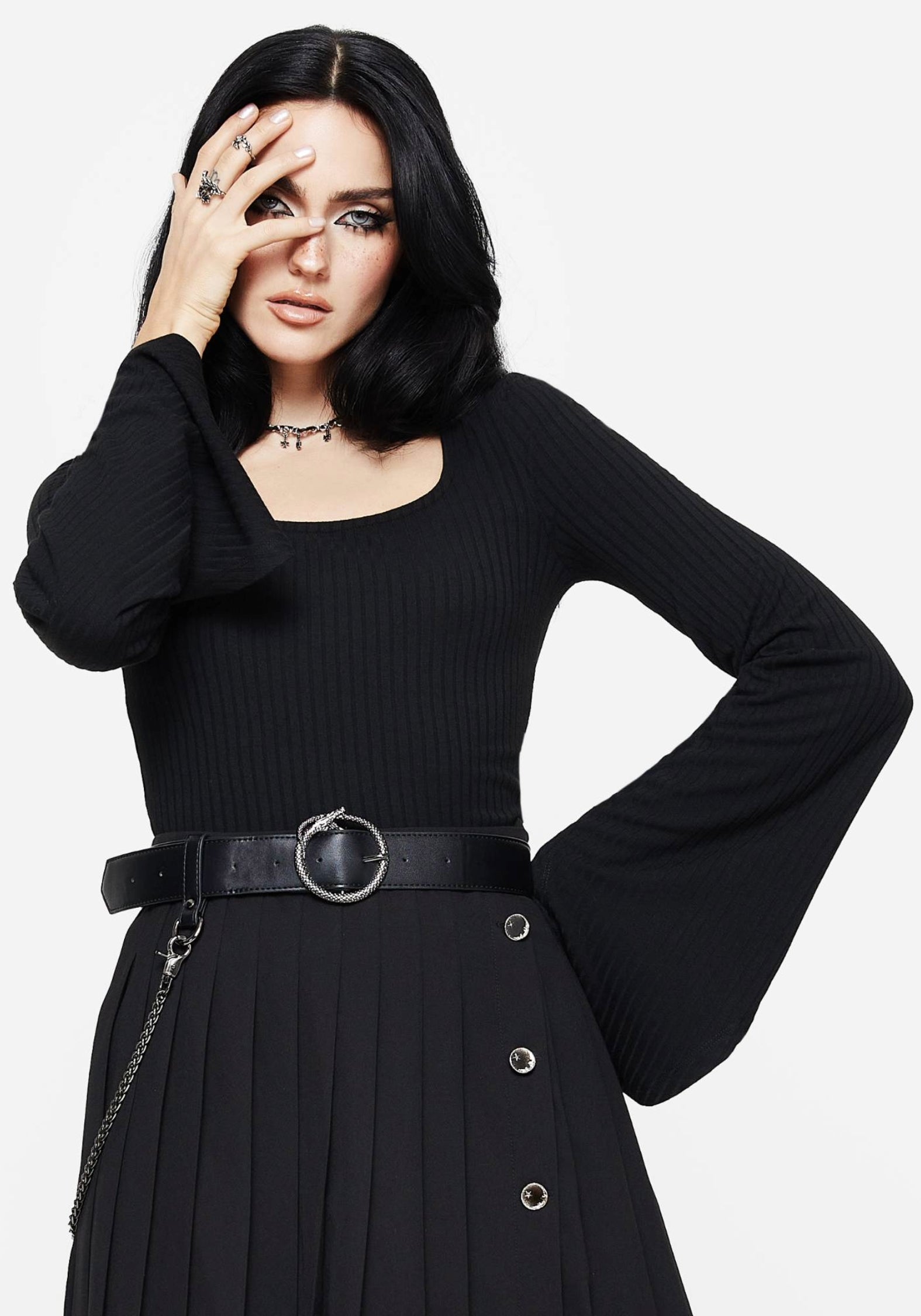 Square Neck Long Sleeve Top with Flared Sleeves | Amata