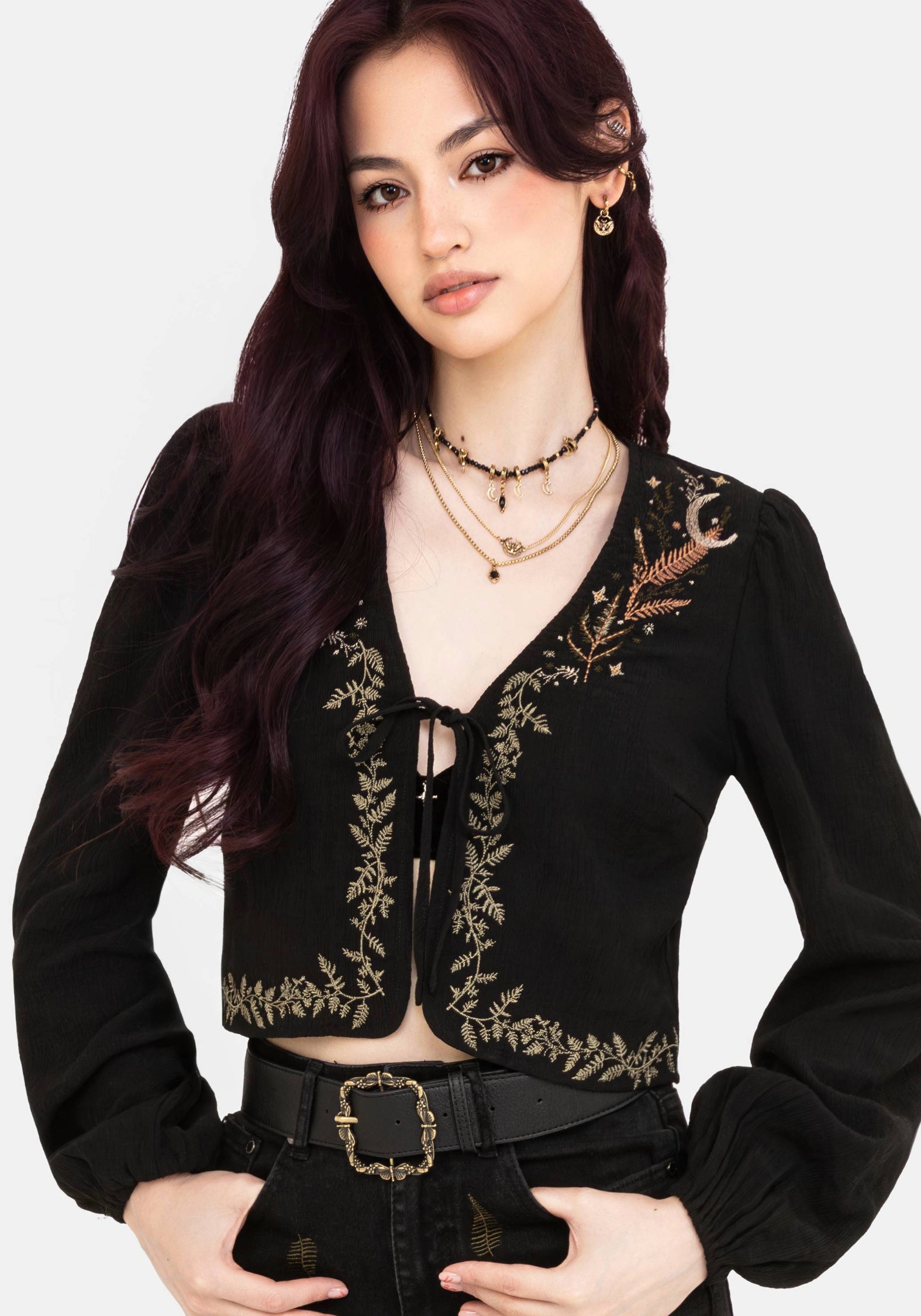 Embroidered Tie Front Blouse with V-Neck & Long Sleeves | Abellona