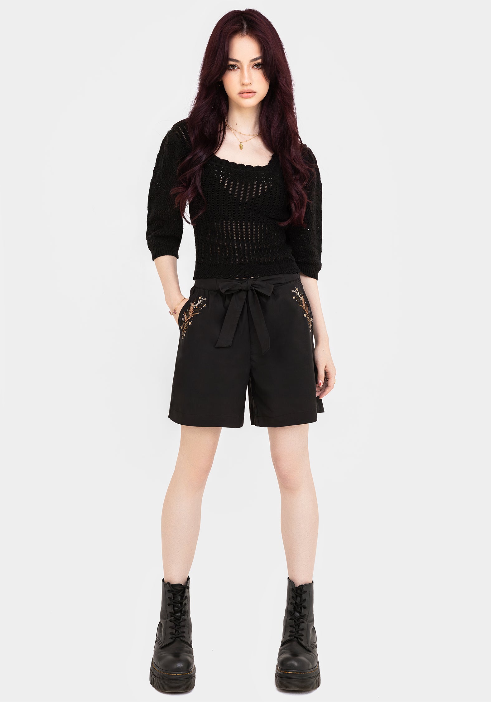 Embroidered Wide Leg Shorts with Belt | Abellona