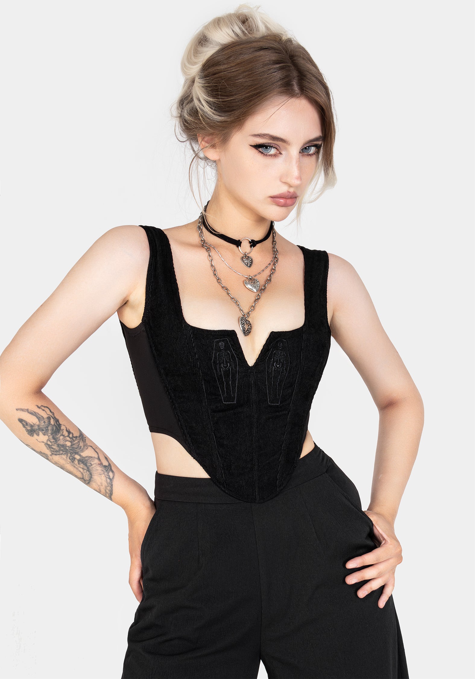 Split Front Corset Top with Skeleton Embroidery | Immortal