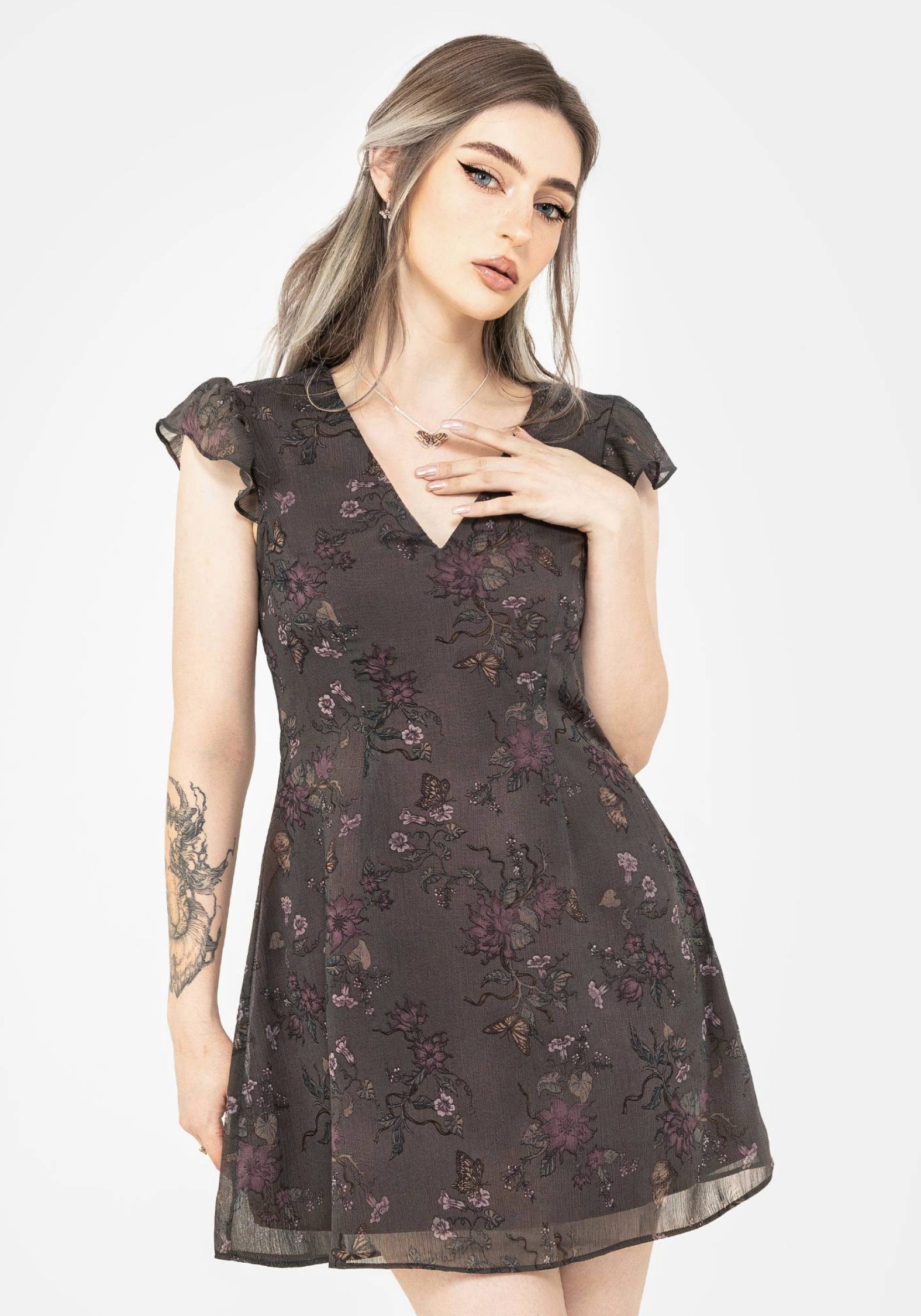 Floral Ruffle Mini Dress with V-Neck & Frill Sleeves | Arnora