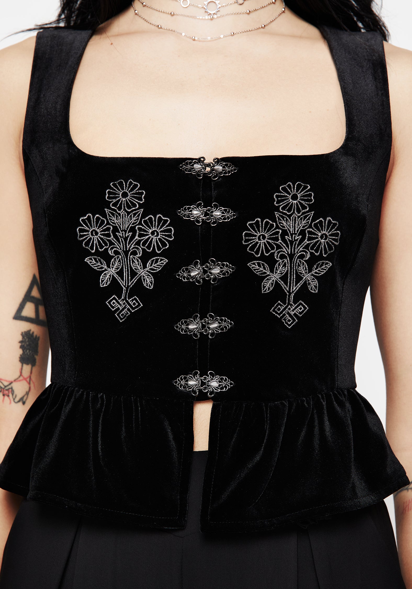 Black Floral Embroidered Peplum Waistcoat Top | Hellebore