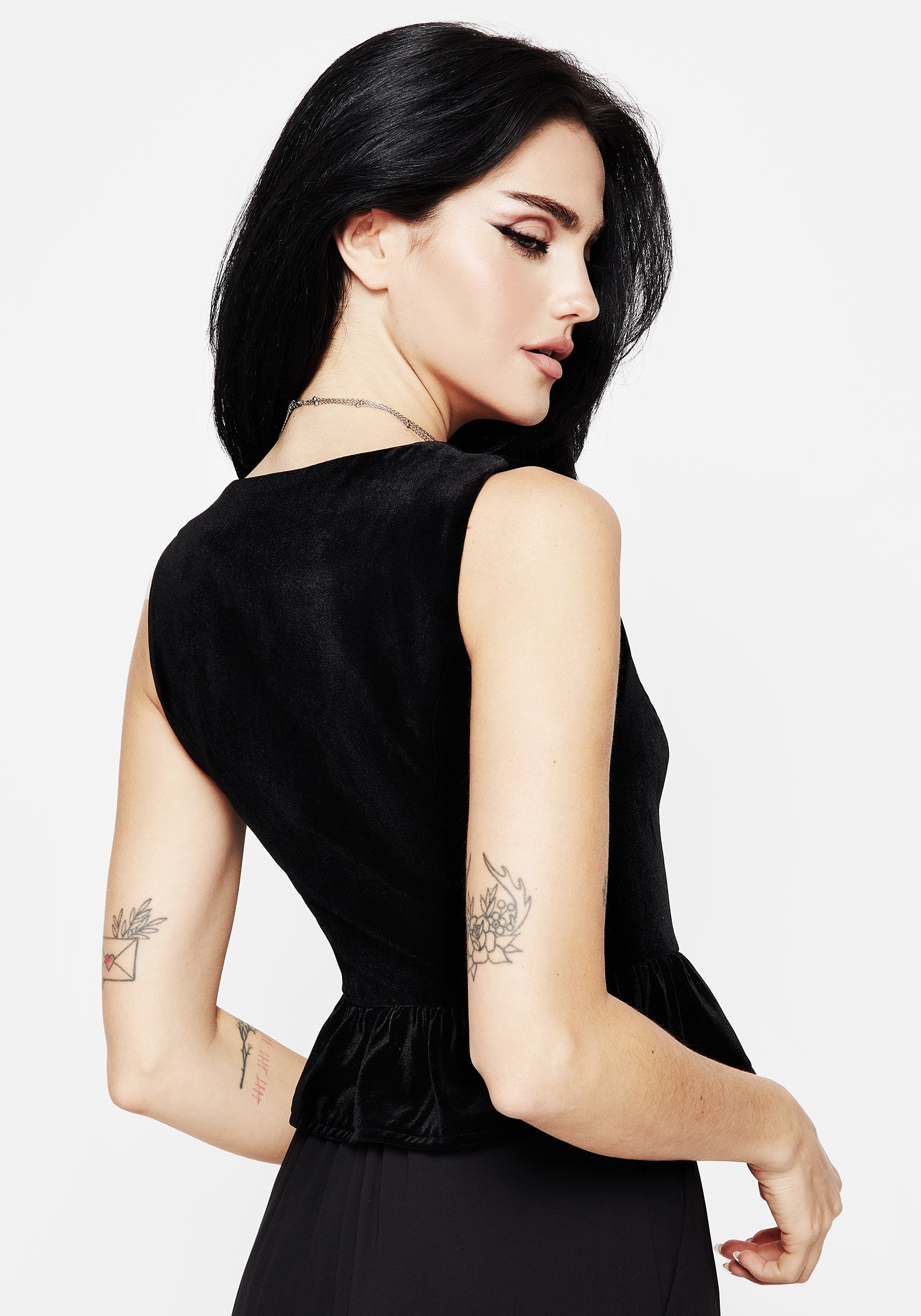 Black Floral Embroidered Peplum Waistcoat Top | Hellebore