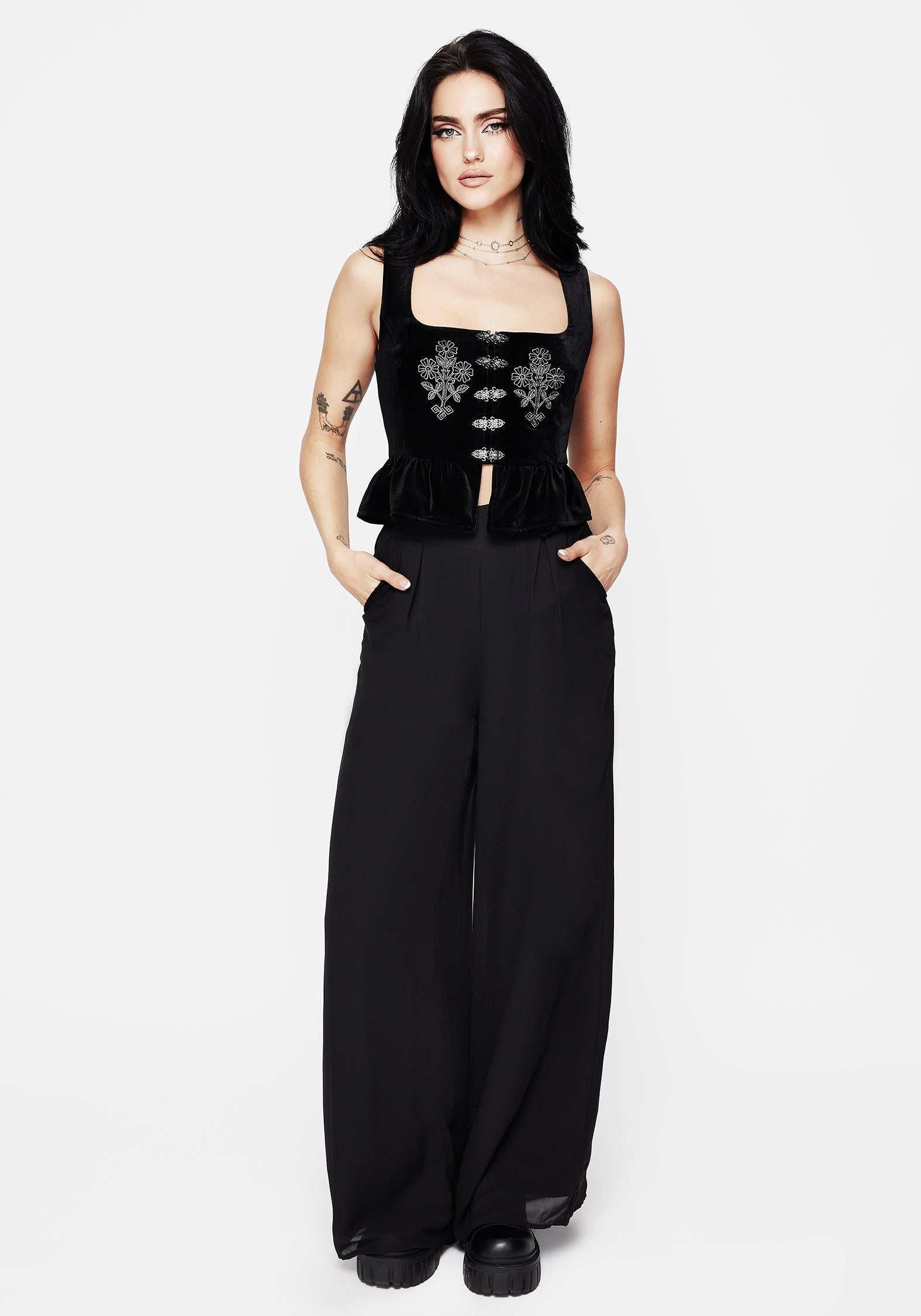 Black Floral Embroidered Peplum Waistcoat Top | Hellebore