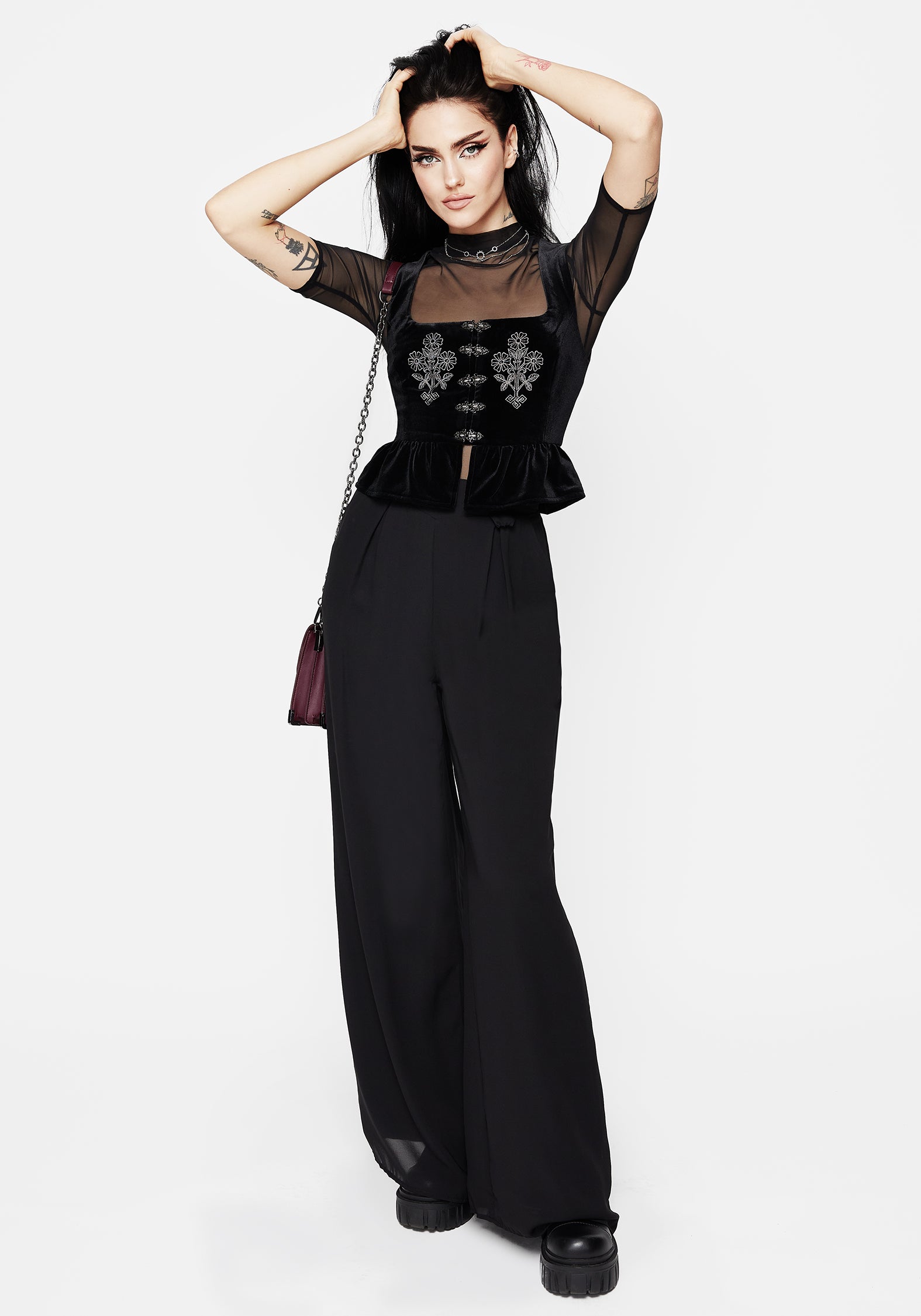 Black Floral Embroidered Peplum Waistcoat Top | Hellebore