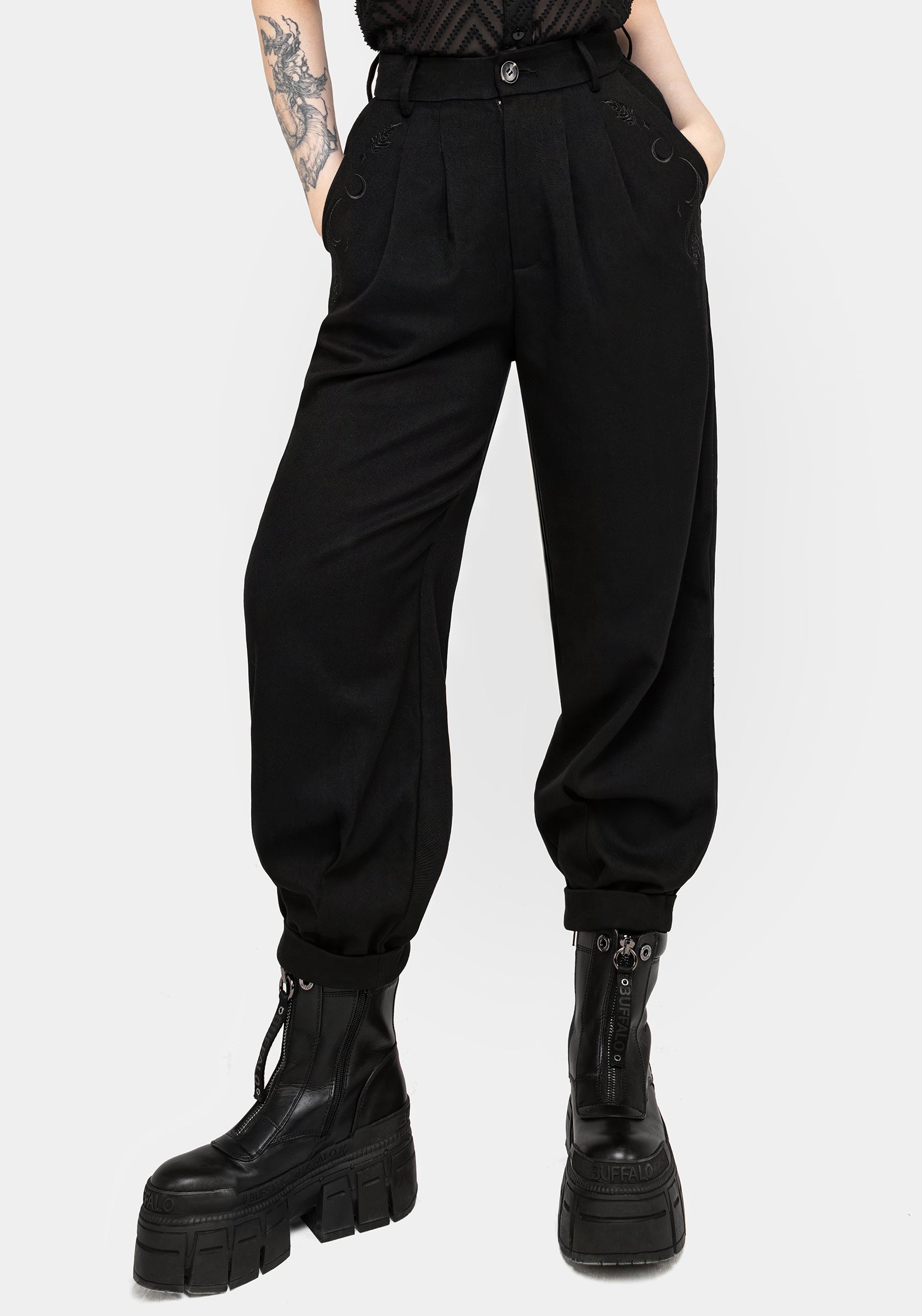 Black Embroidered Balloon Trousers for Women | Dianne