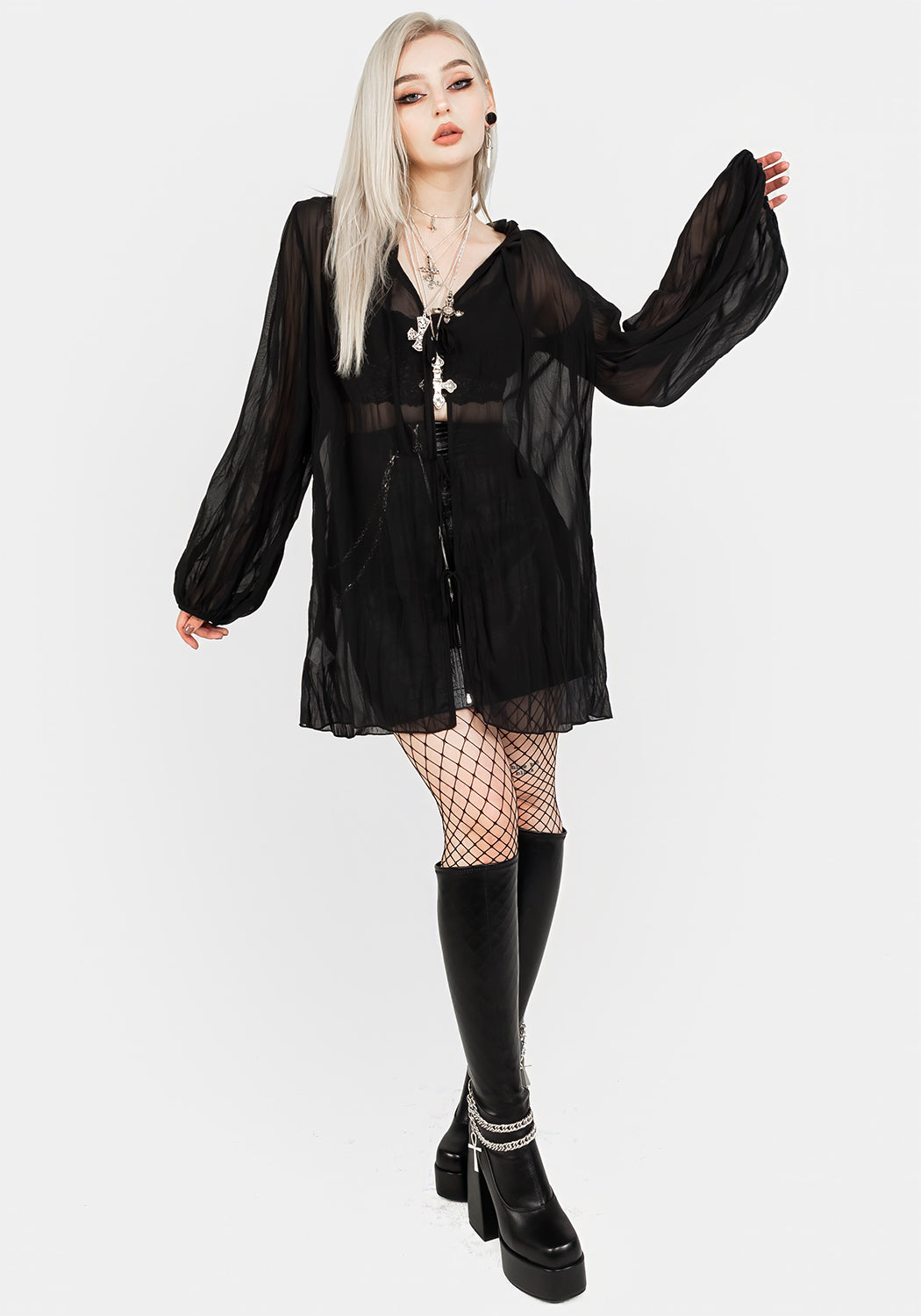 Black Sheer Mesh Blouse with Tie Front & Puff Sleeves | Villain Textured