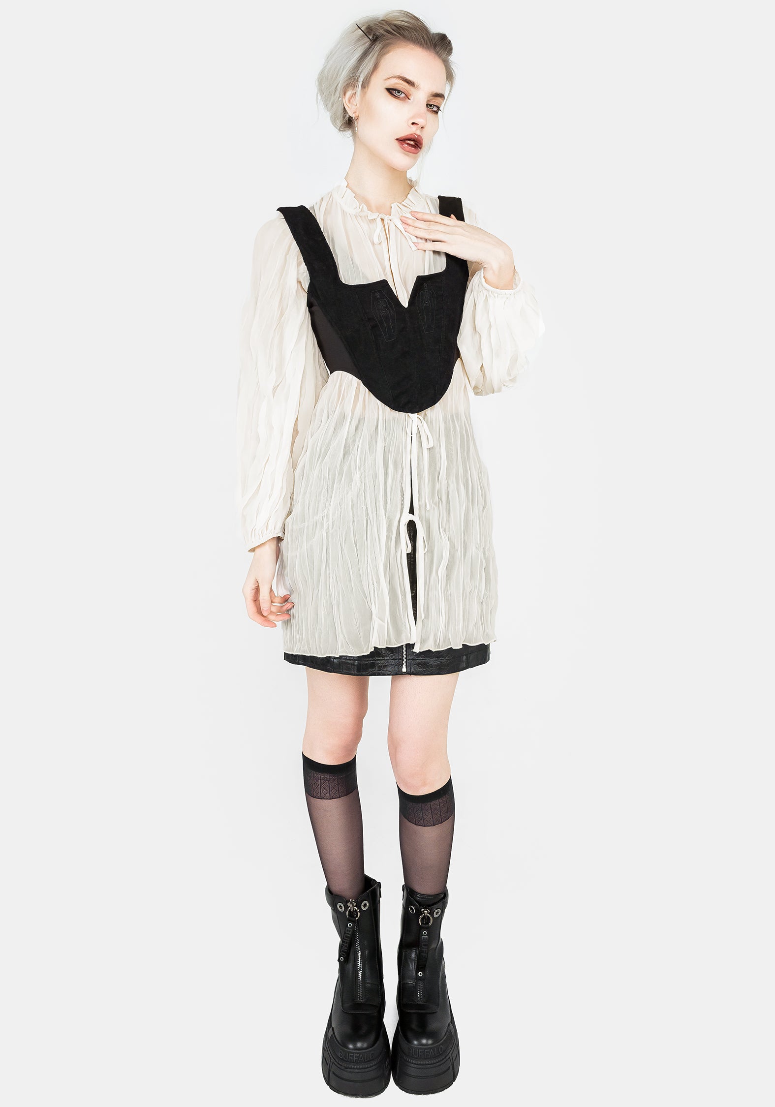 Crinkle Mesh Tie-Front Blouse with Puff Sleeves | Villain White