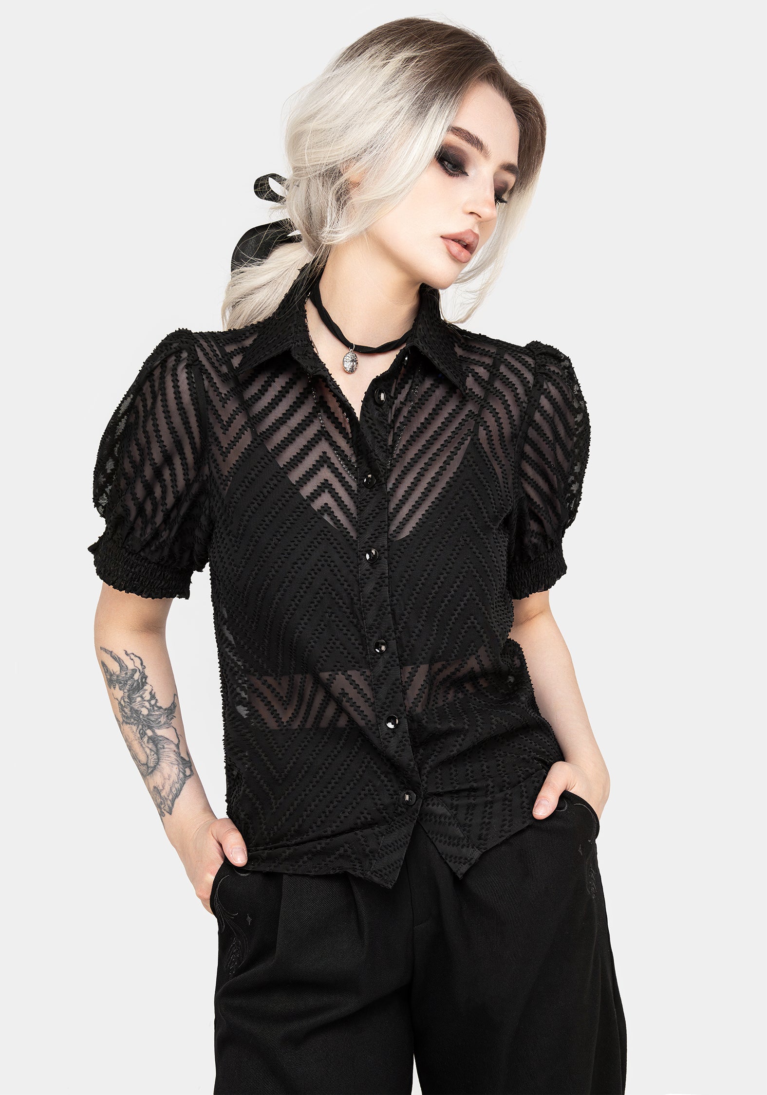 Sheer Black Chevron Button-Up Blouse with Puff Sleeves | Tanya