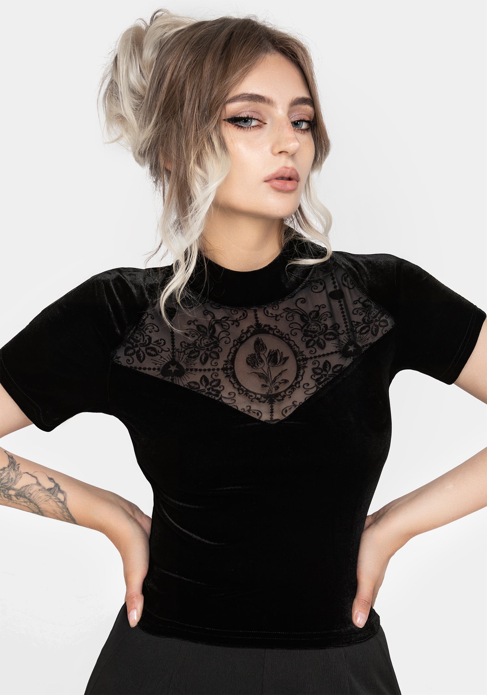 Floral Flocked Mesh Velour Top with High Neck & Sheer Cut-Out | Cameo Design