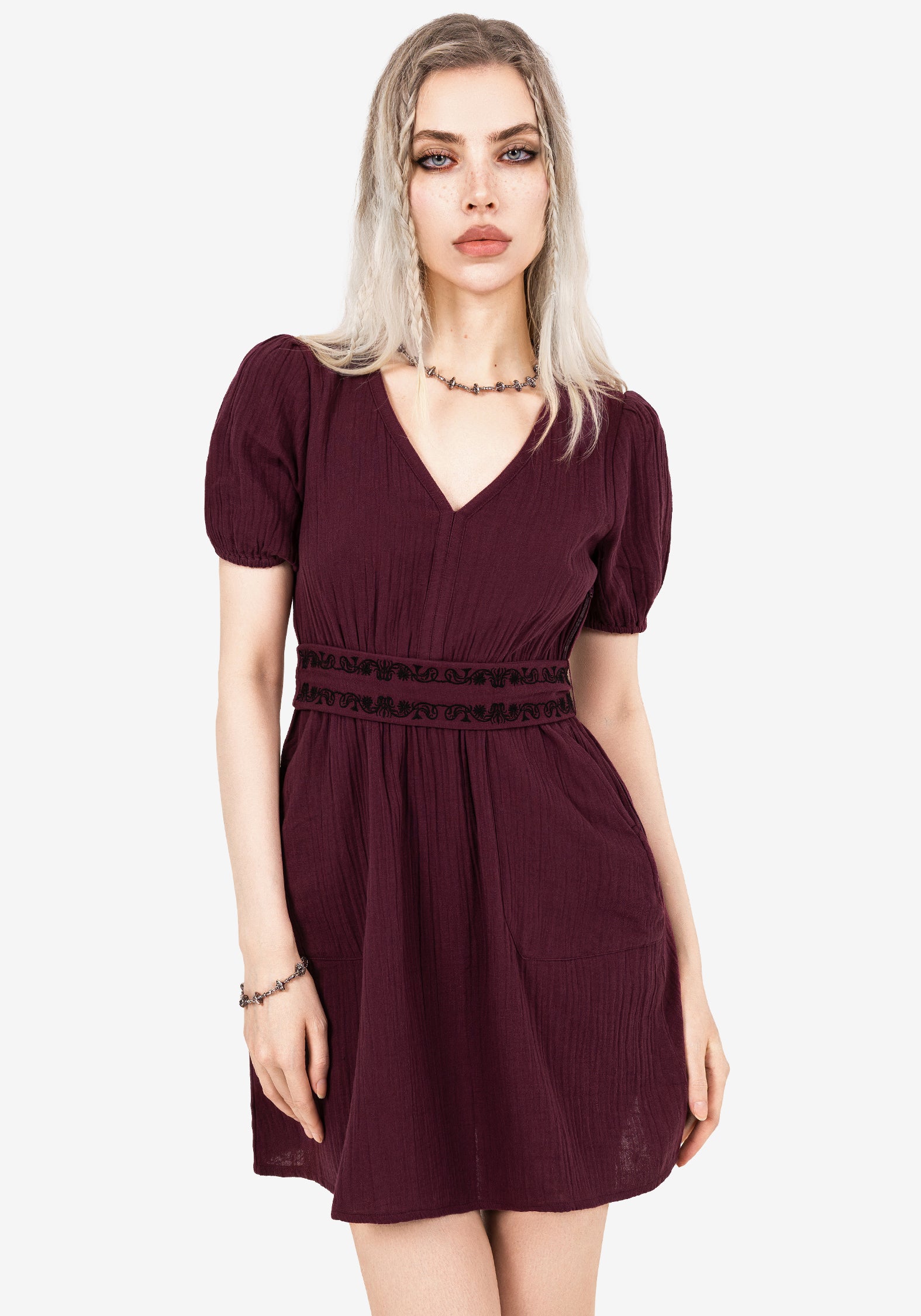 Burgundy Embroidered Cotton Mini Dress with Belt & Pockets | Poultice