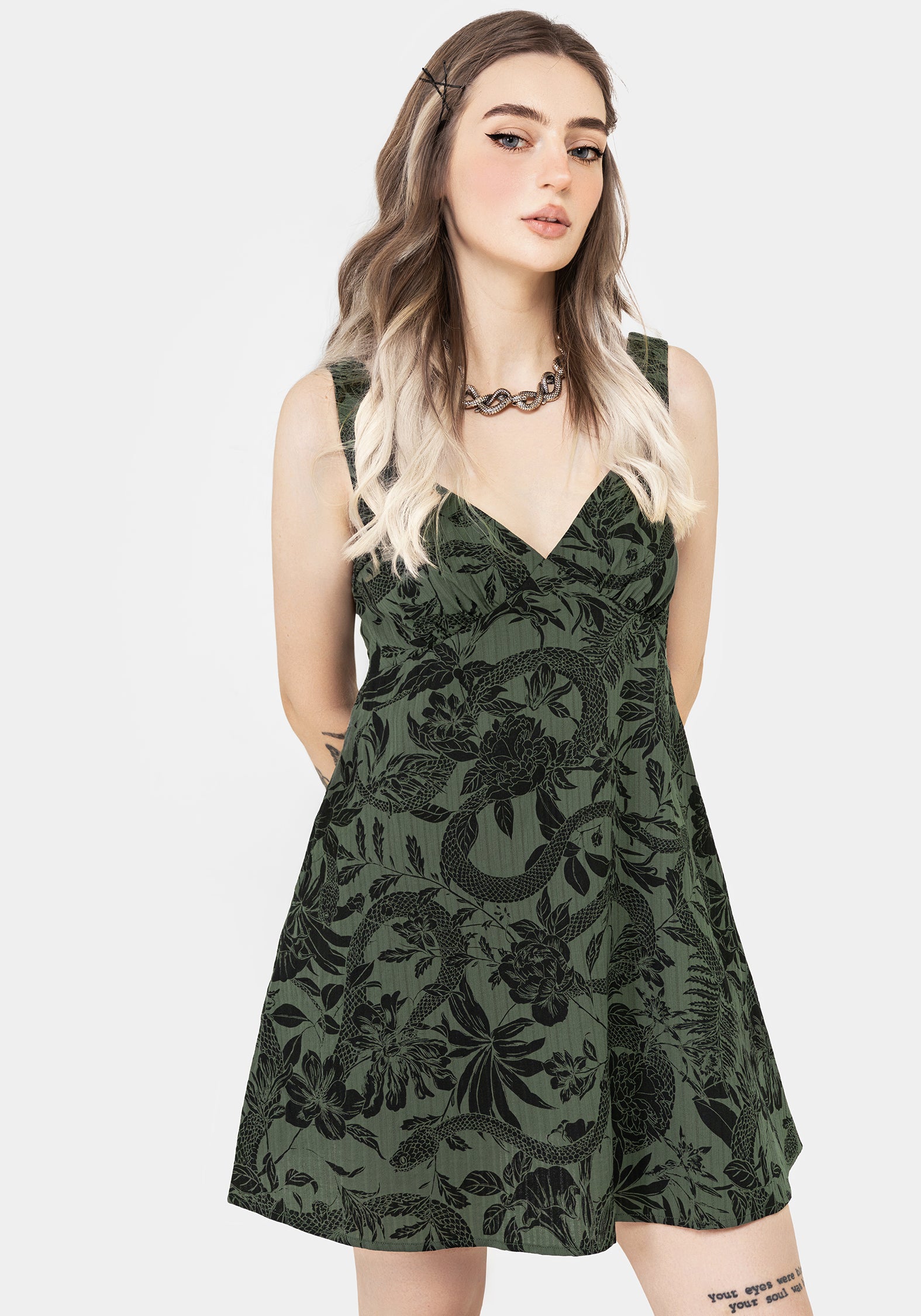 Green Cotton Mini Sun Dress with Pockets & V-Neck | Bashe