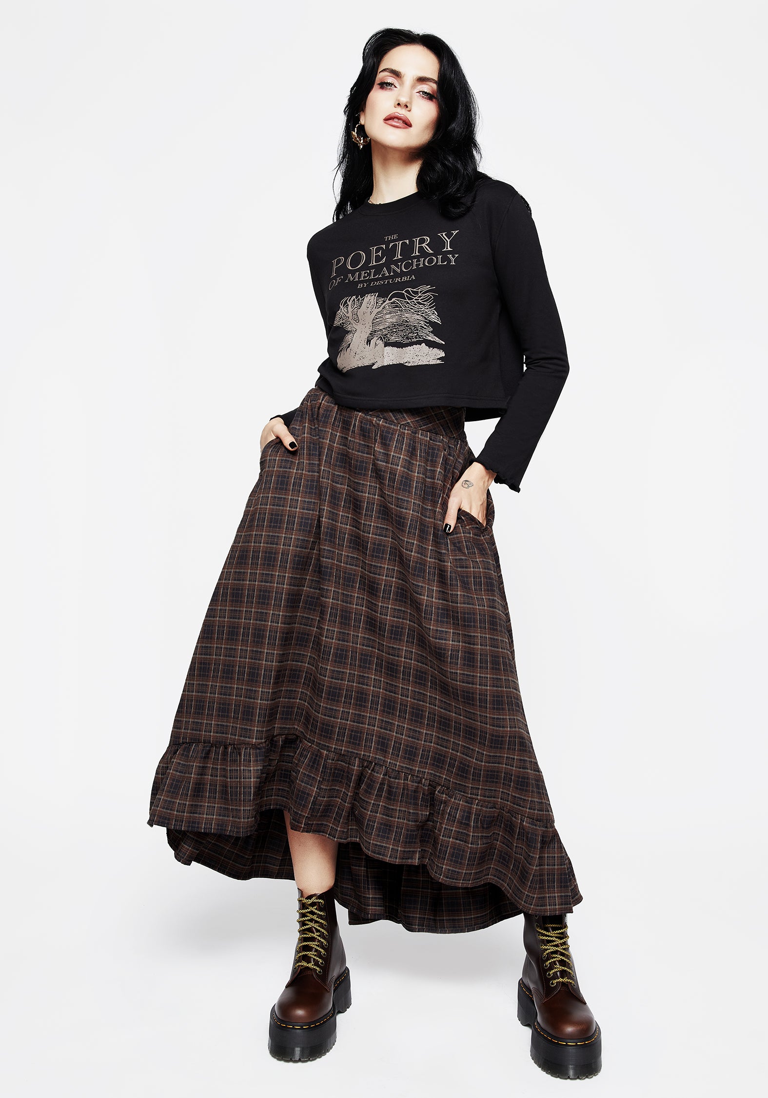 Brown Check Maxi Skirt with Ruffled Hem & Pockets | Embla