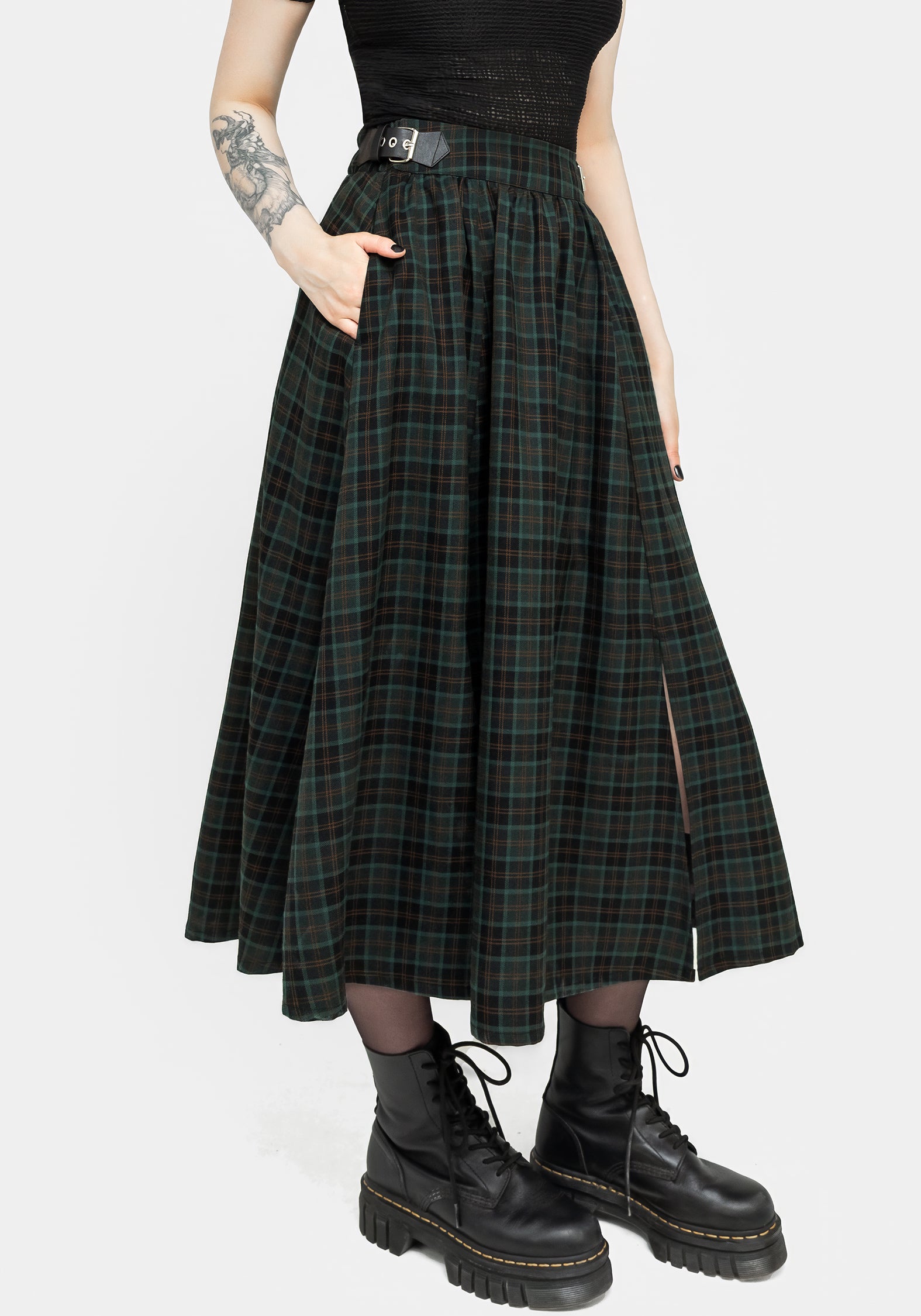 Green Check Midi Skirt with Buckle Detail & Side Pockets | Nightingale