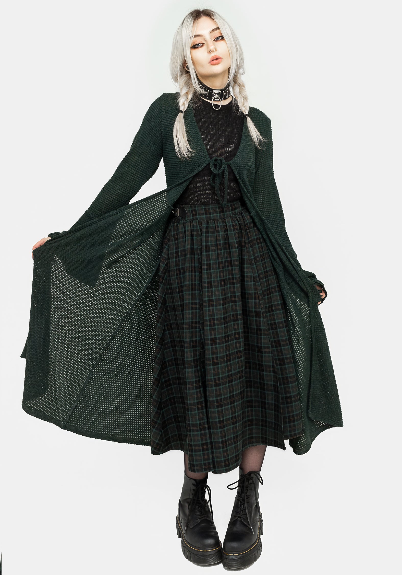 Green Check Midi Skirt with Buckle Detail & Side Pockets | Nightingale