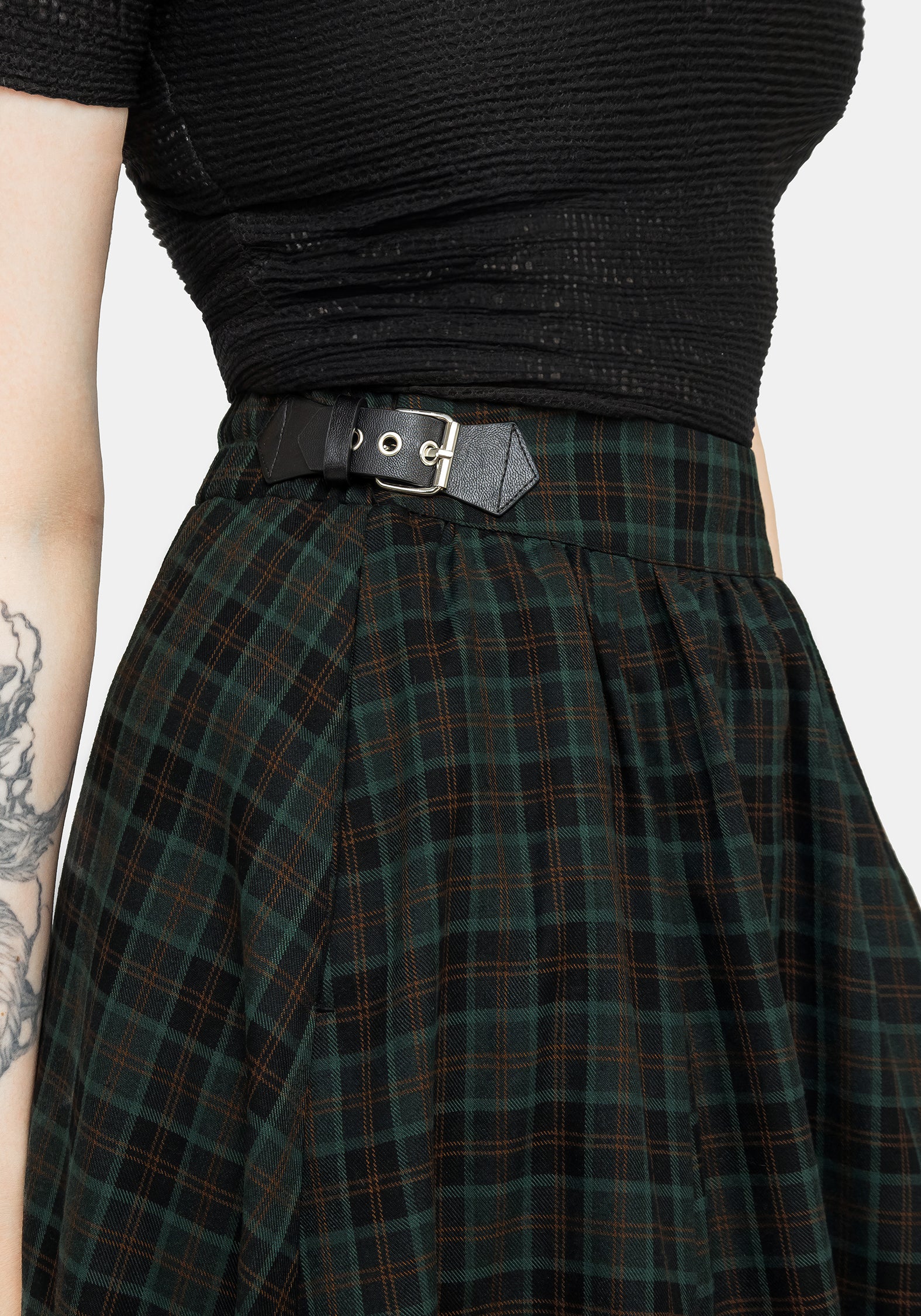 Green Check Midi Skirt with Buckle Detail & Side Pockets | Nightingale