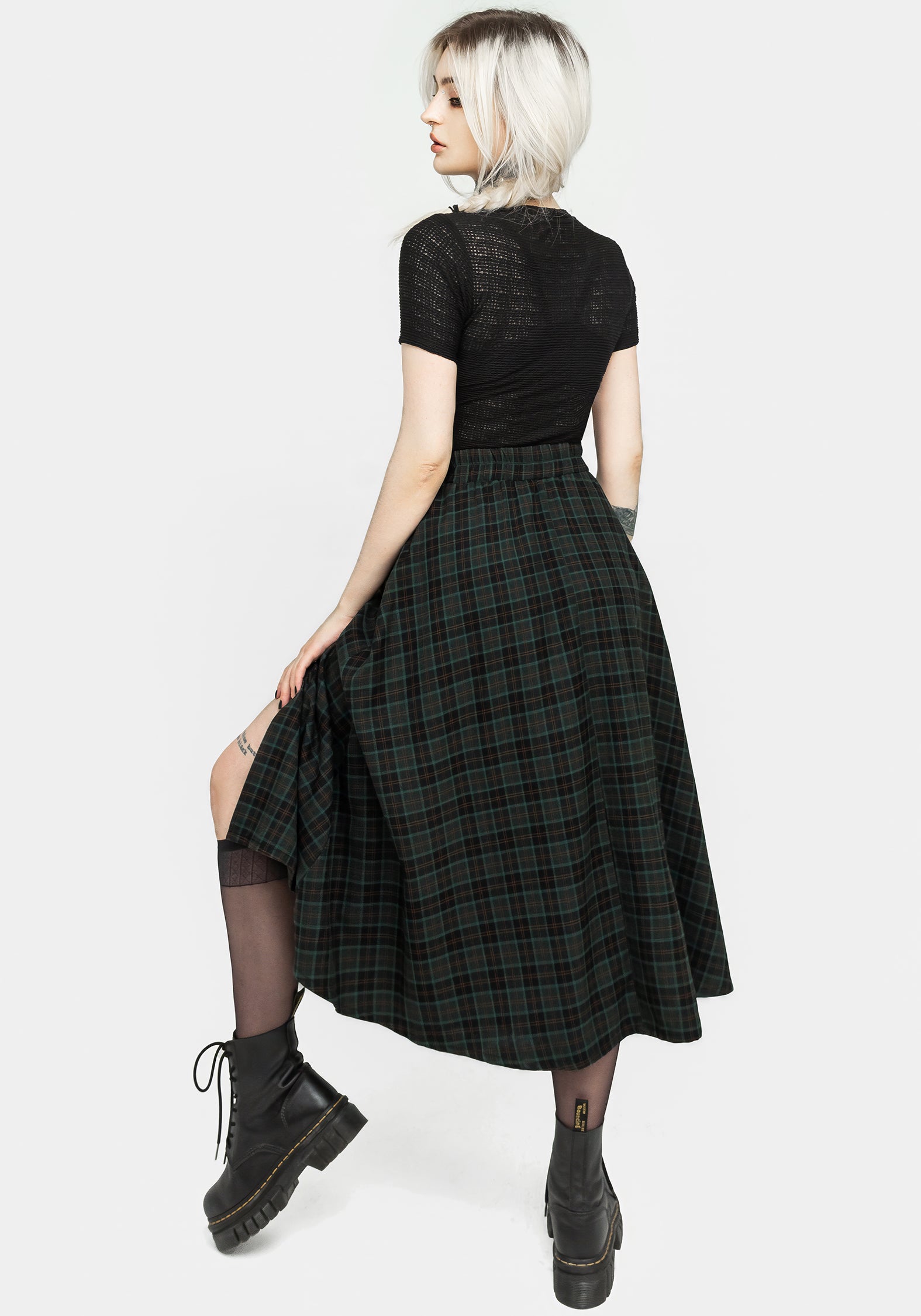 Green Check Midi Skirt with Buckle Detail & Side Pockets | Nightingale