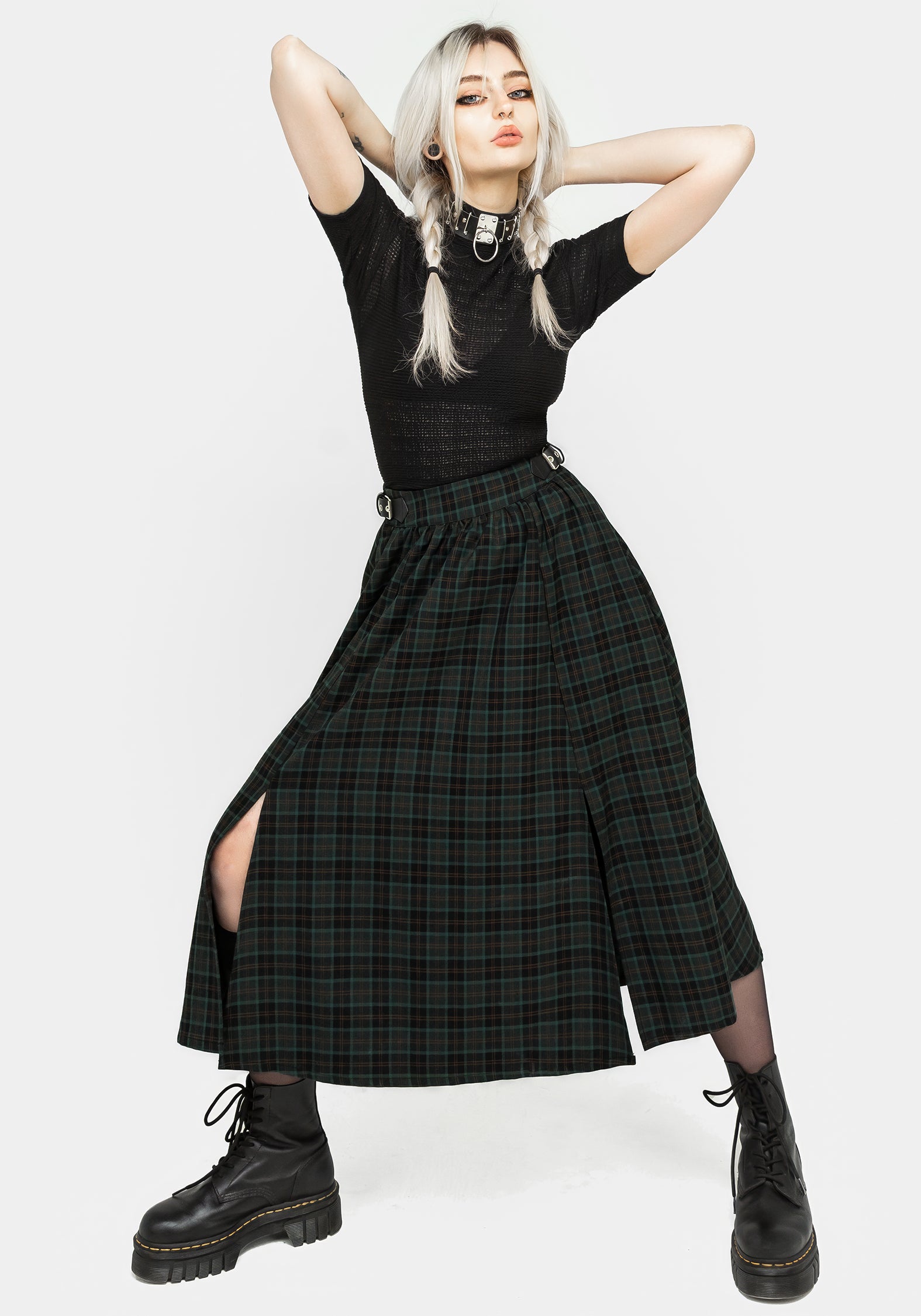 Green Check Midi Skirt with Buckle Detail & Side Pockets | Nightingale
