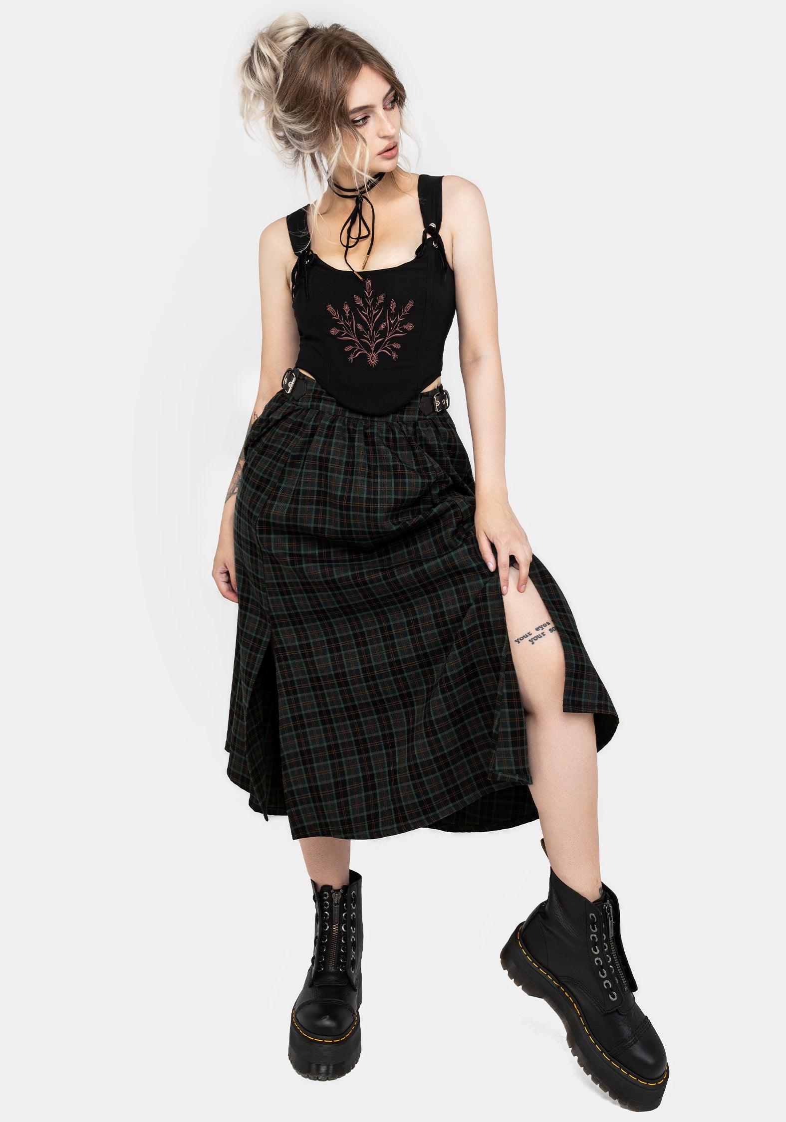 Green Check Midi Skirt with Buckle Detail & Side Pockets | Nightingale