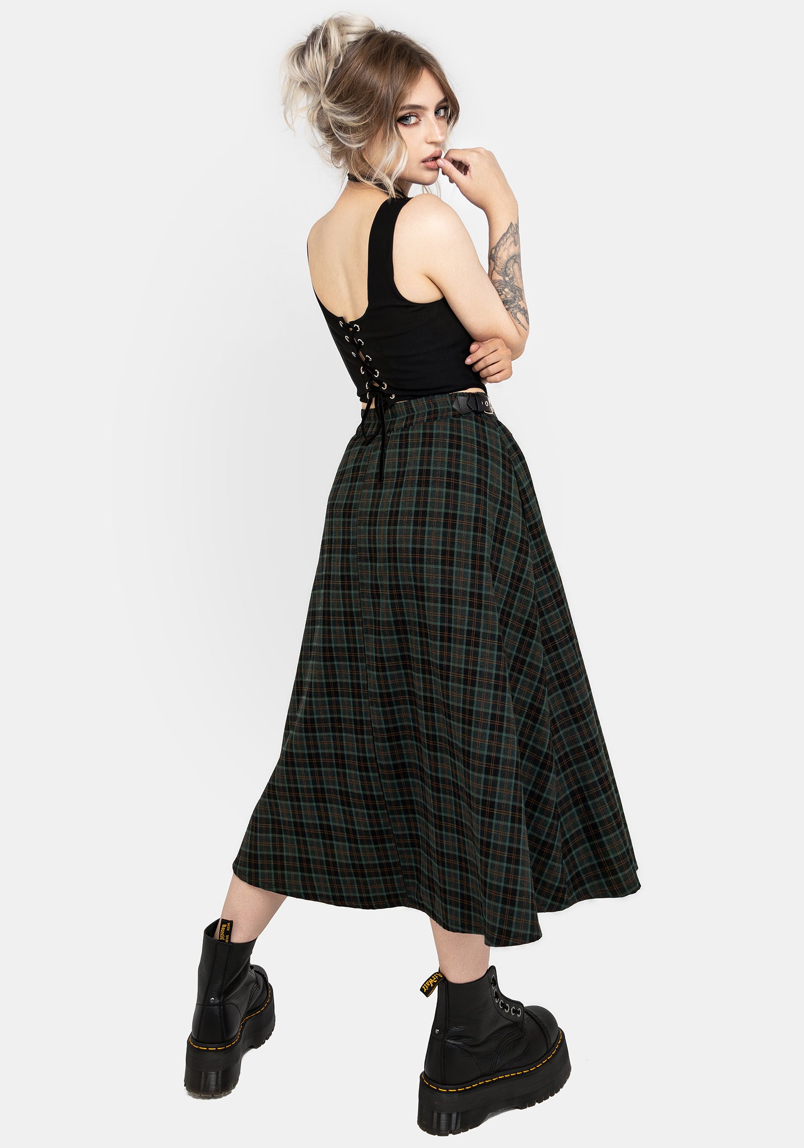 Green Check Midi Skirt with Buckle Detail & Side Pockets | Nightingale