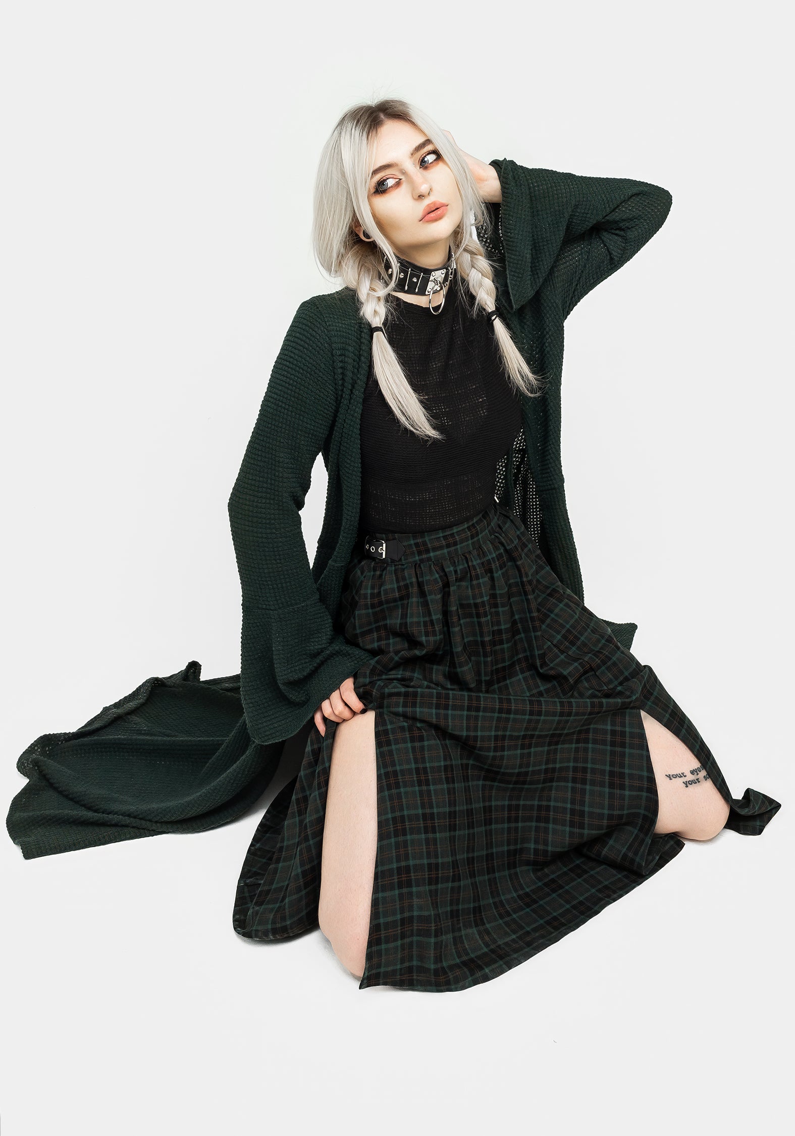 Green Check Midi Skirt with Buckle Detail & Side Pockets | Nightingale