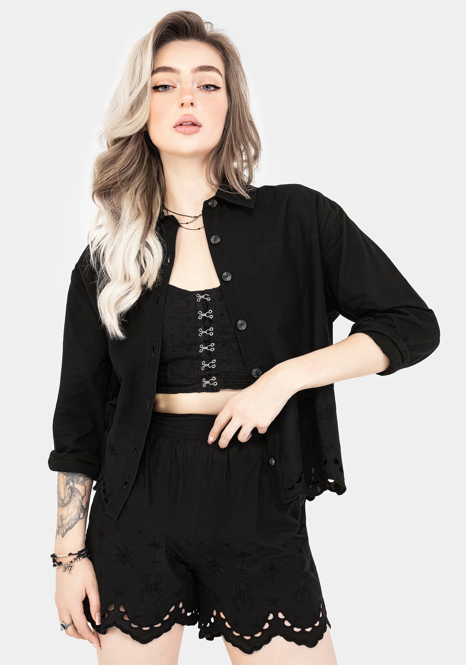 Black Cotton Broderie Hem Shorts with Elastic Waistband | Synthweb