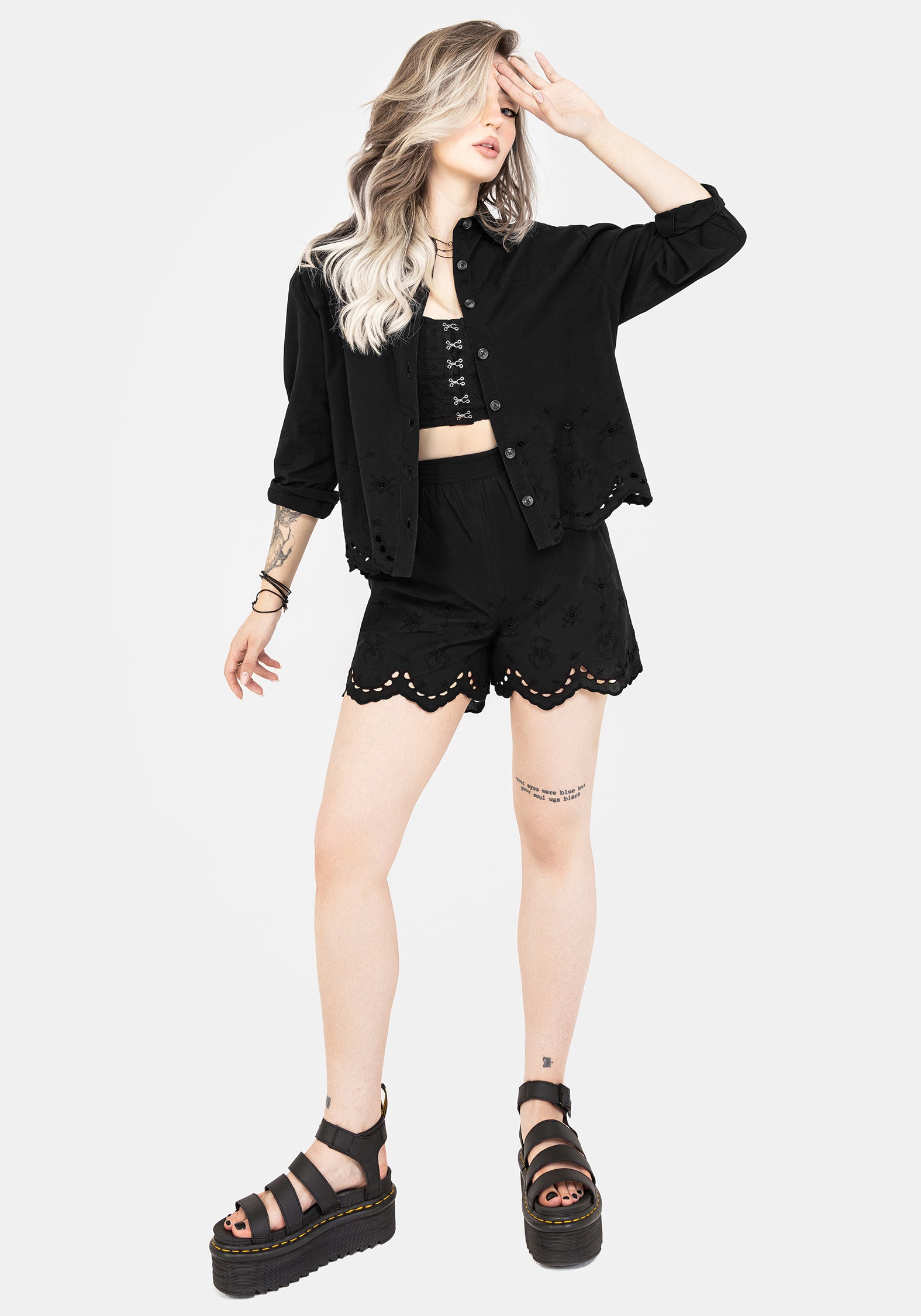 Black Cotton Broderie Hem Shorts with Elastic Waistband | Synthweb