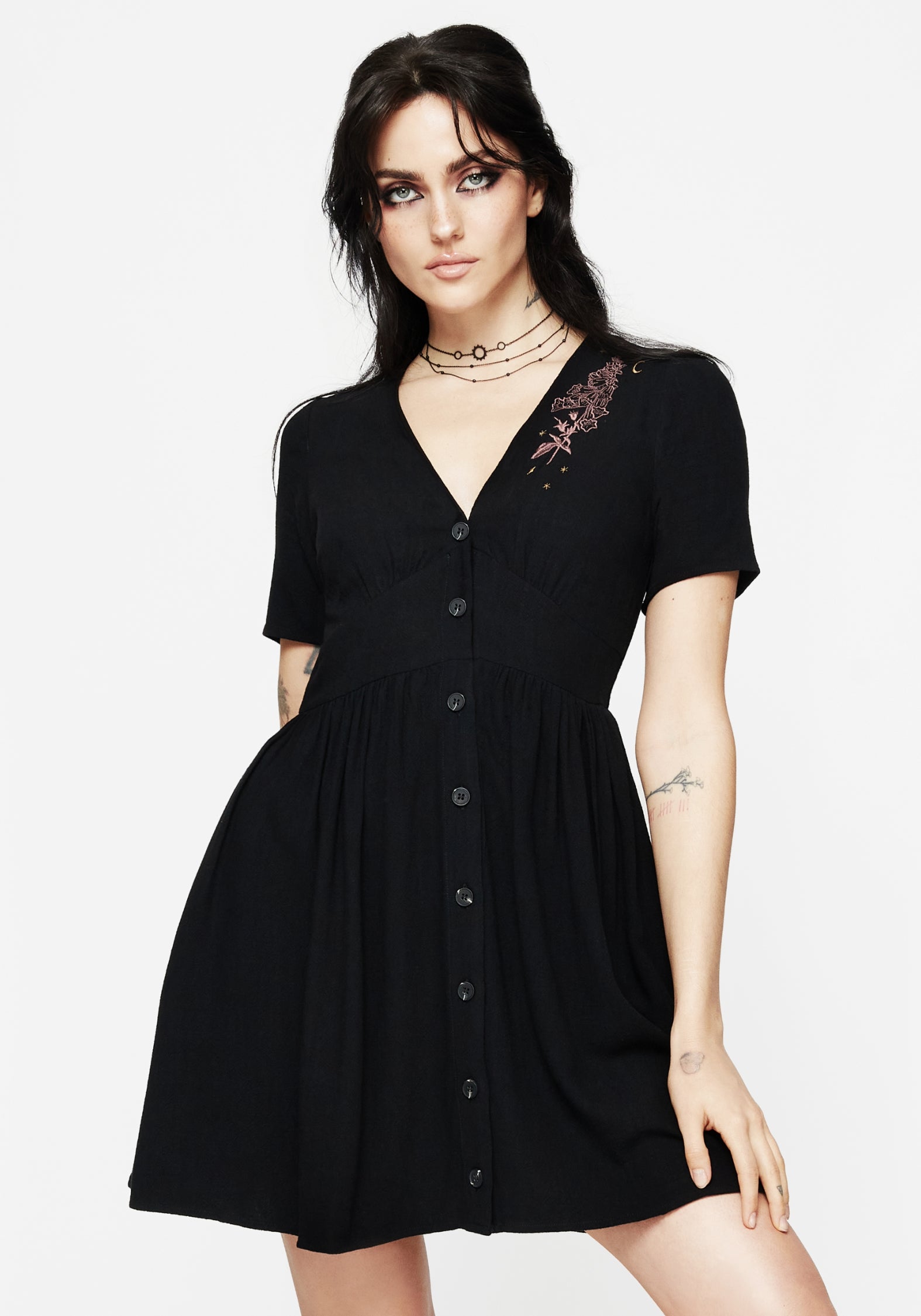 Black V-Neck Mini Dress with Foxglove Embroidery & Pockets | Brianne