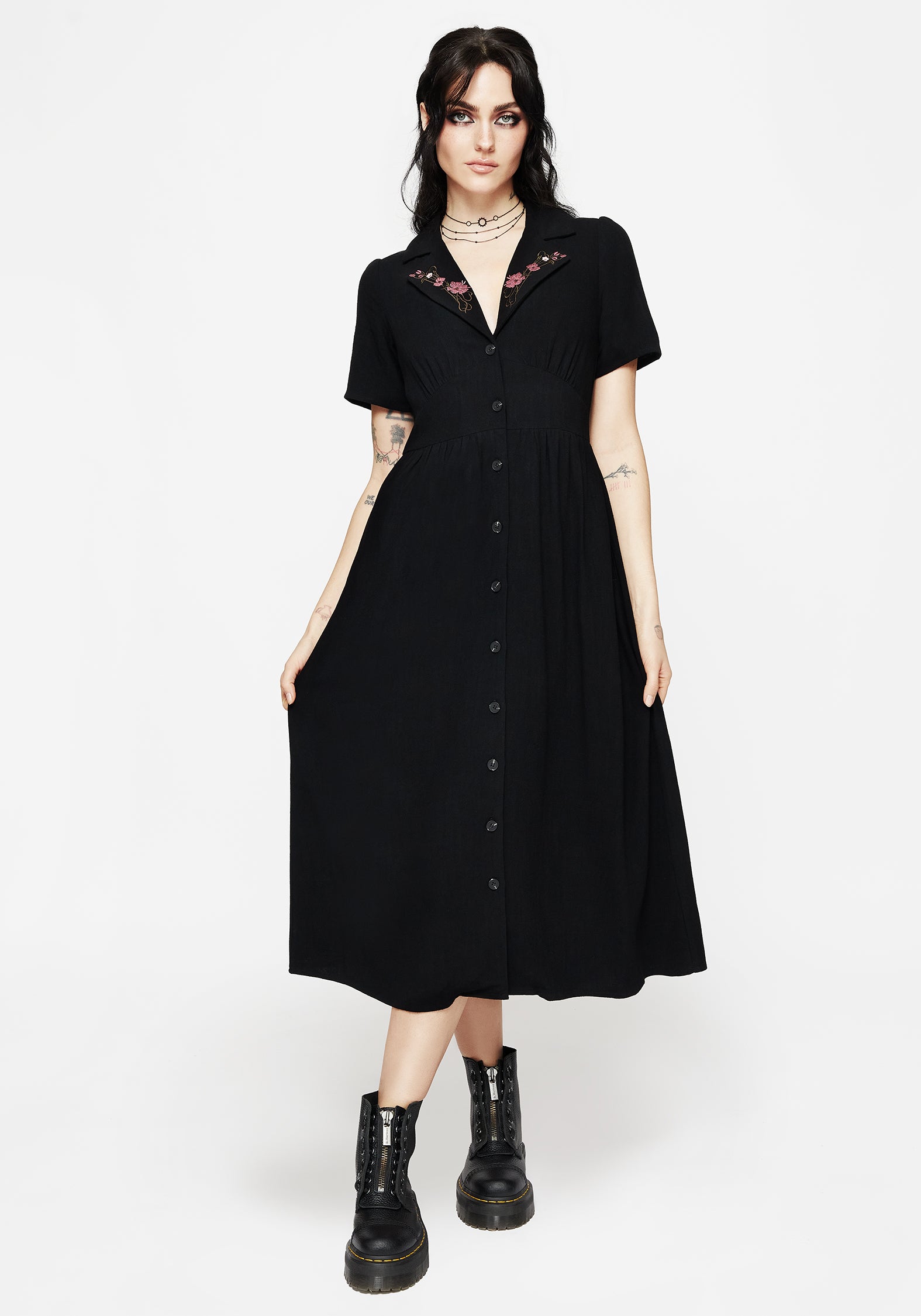 Floral Embroidered Midi Shirt Dress with Pockets | Aster
