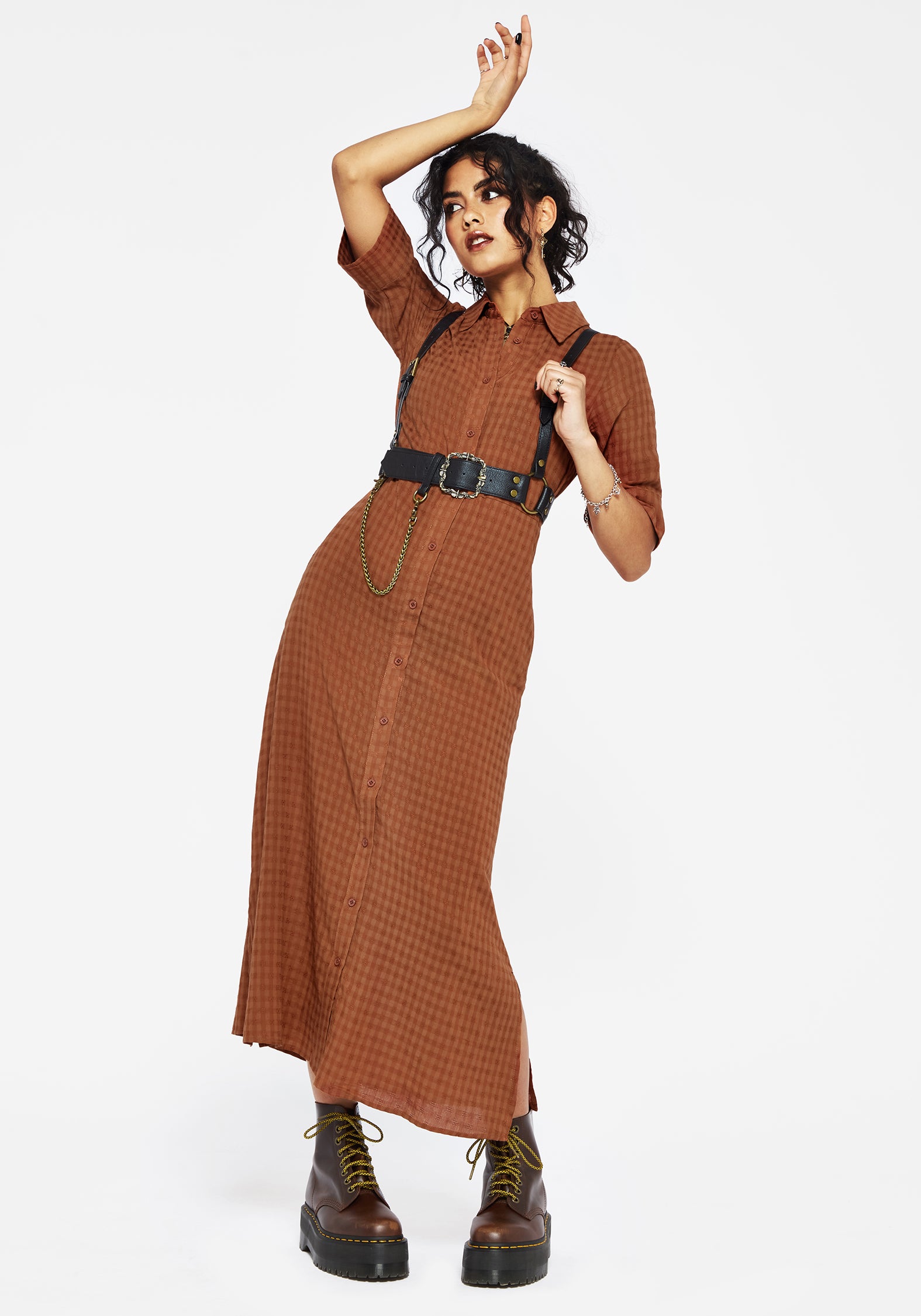 Rusty Orange Cotton-Blend Midi Shirt Dress with Pockets | Soleil