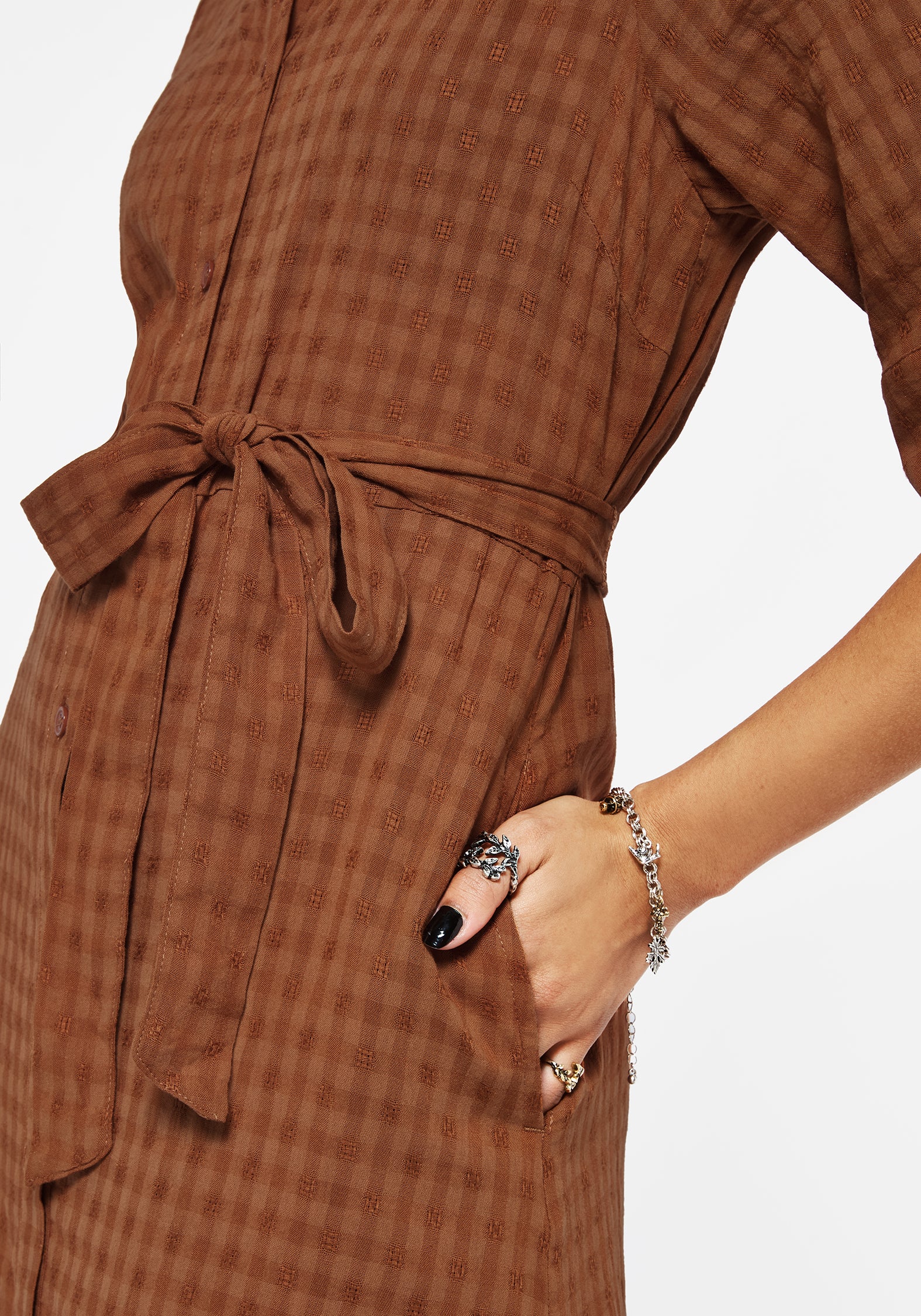 Rusty Orange Cotton-Blend Midi Shirt Dress with Pockets | Soleil