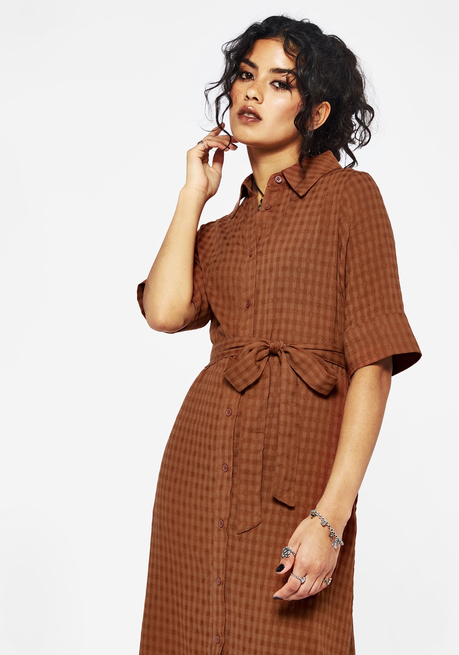 Rusty Orange Cotton-Blend Midi Shirt Dress with Pockets | Soleil